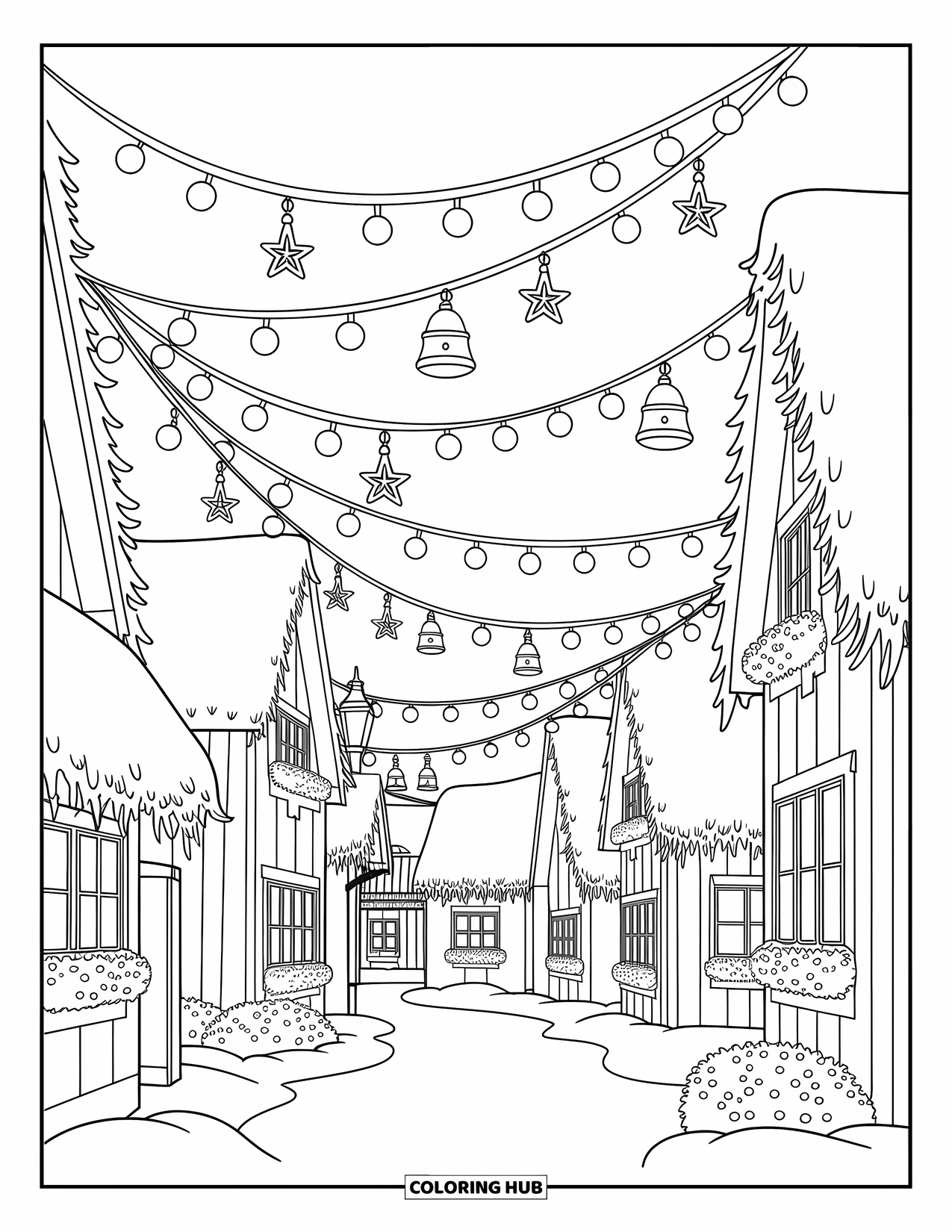 Christmas Lights Coloring Page for Adults: A festive village street sparkles under a canopy of lights and stars