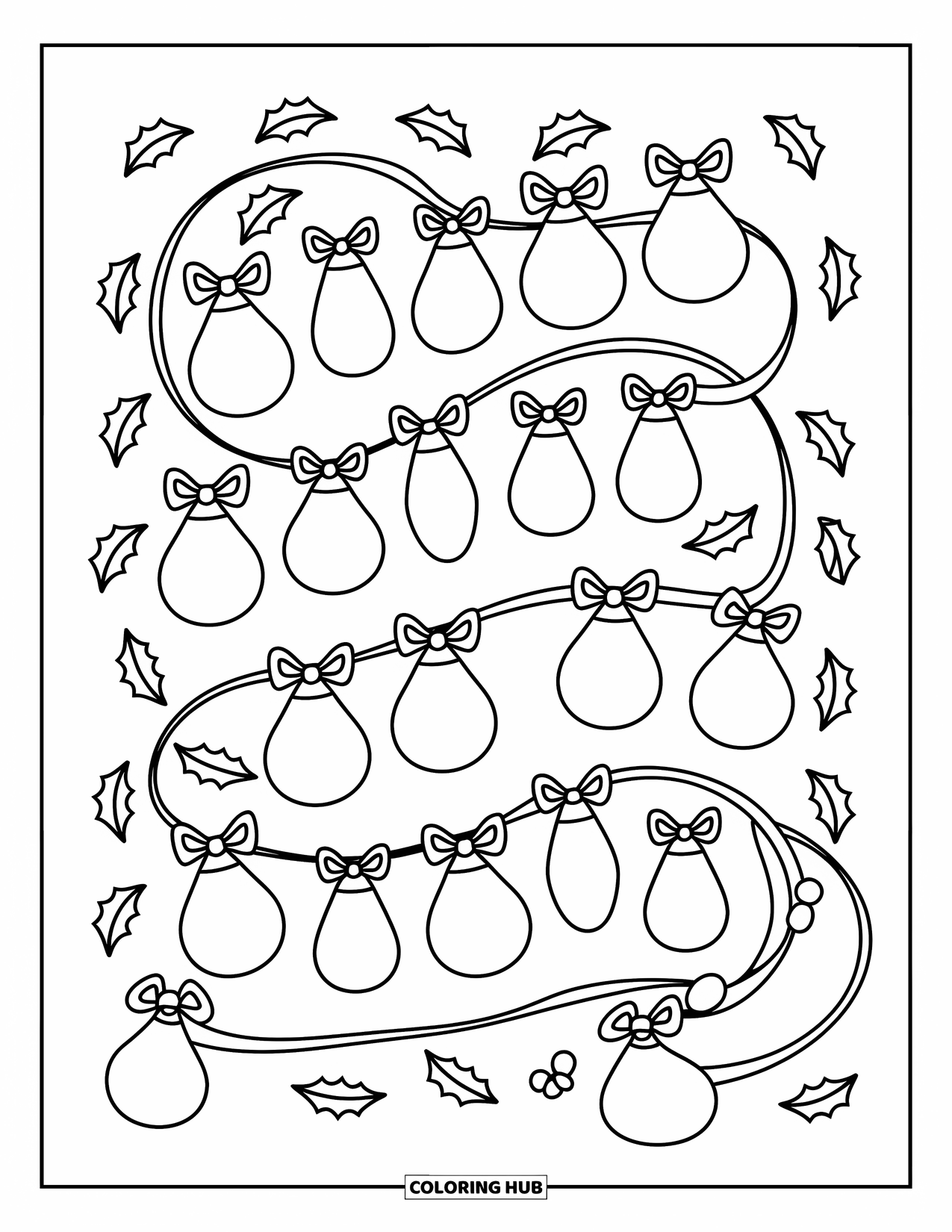 Christmas Lights Coloring Page for Adults: A gentle line of bulbs and bows loops gracefully in a holiday swirl