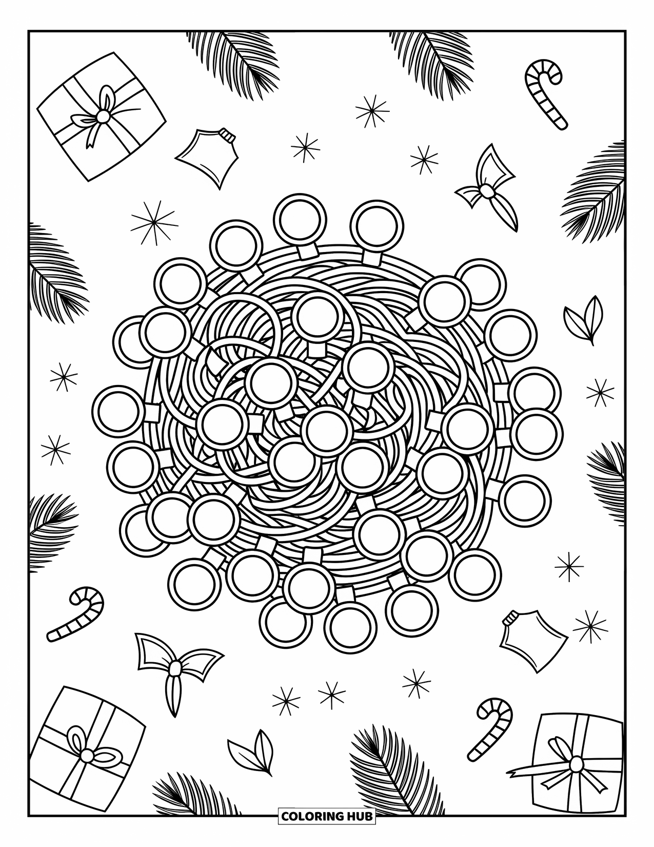 Christmas Lights Coloring Page for Adults: A jumbled ball of Christmas lights rests among candy canes and bows