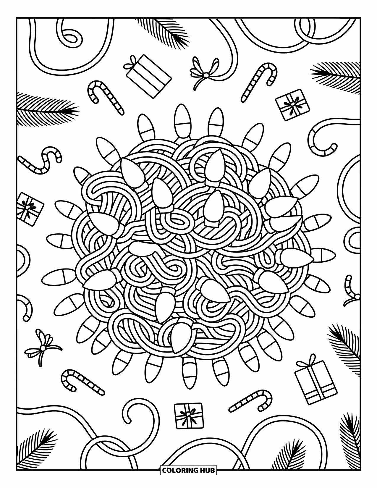 Christmas Lights Coloring Page for Adults: A messy ball of lights sparkles beside candy canes and gift tags