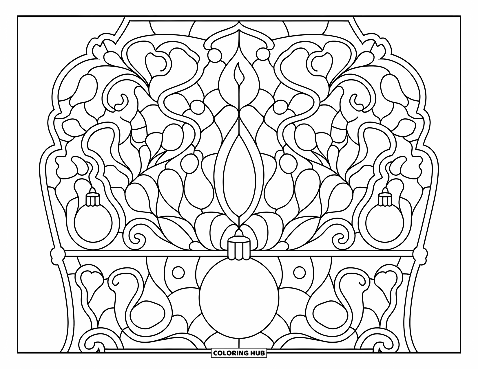 Christmas Lights Coloring Page for Adults: A stained glass candleholder with bulbs and floral swirls glows beautifully