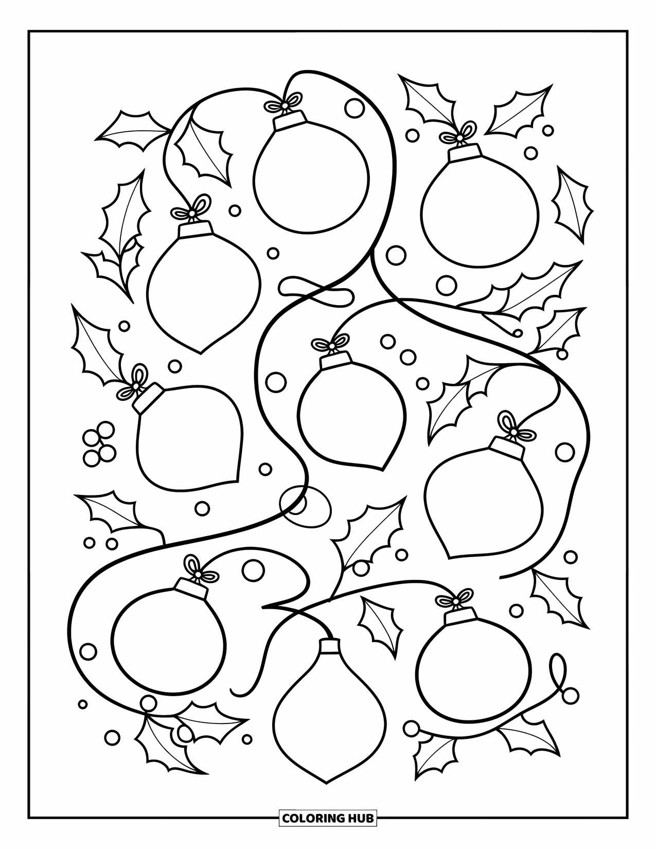 Christmas Lights Coloring Page for Adults: A string of teardrop and round bulbs twists with bows and holly leaves