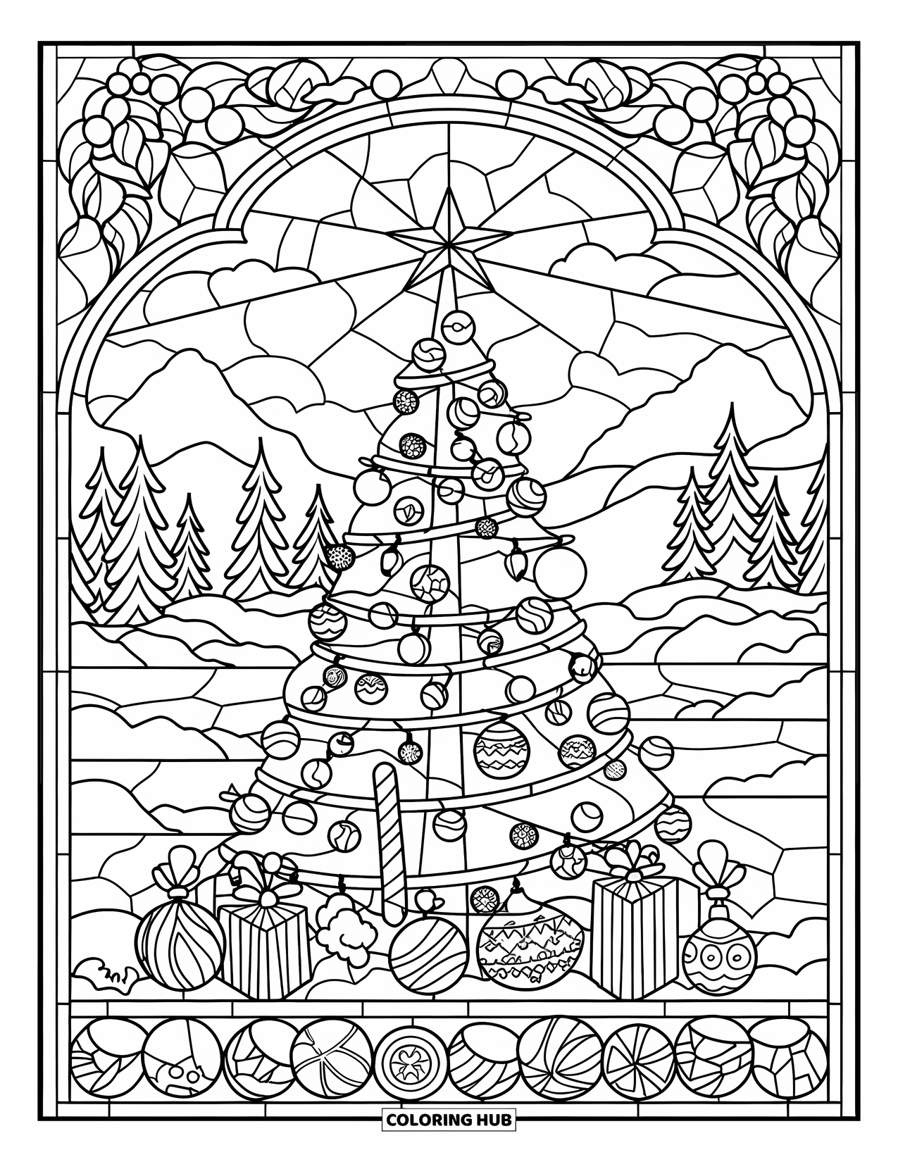 Christmas Lights Coloring Page for Adults: A tall lit tree in stained glass surrounded by mountains and ornaments