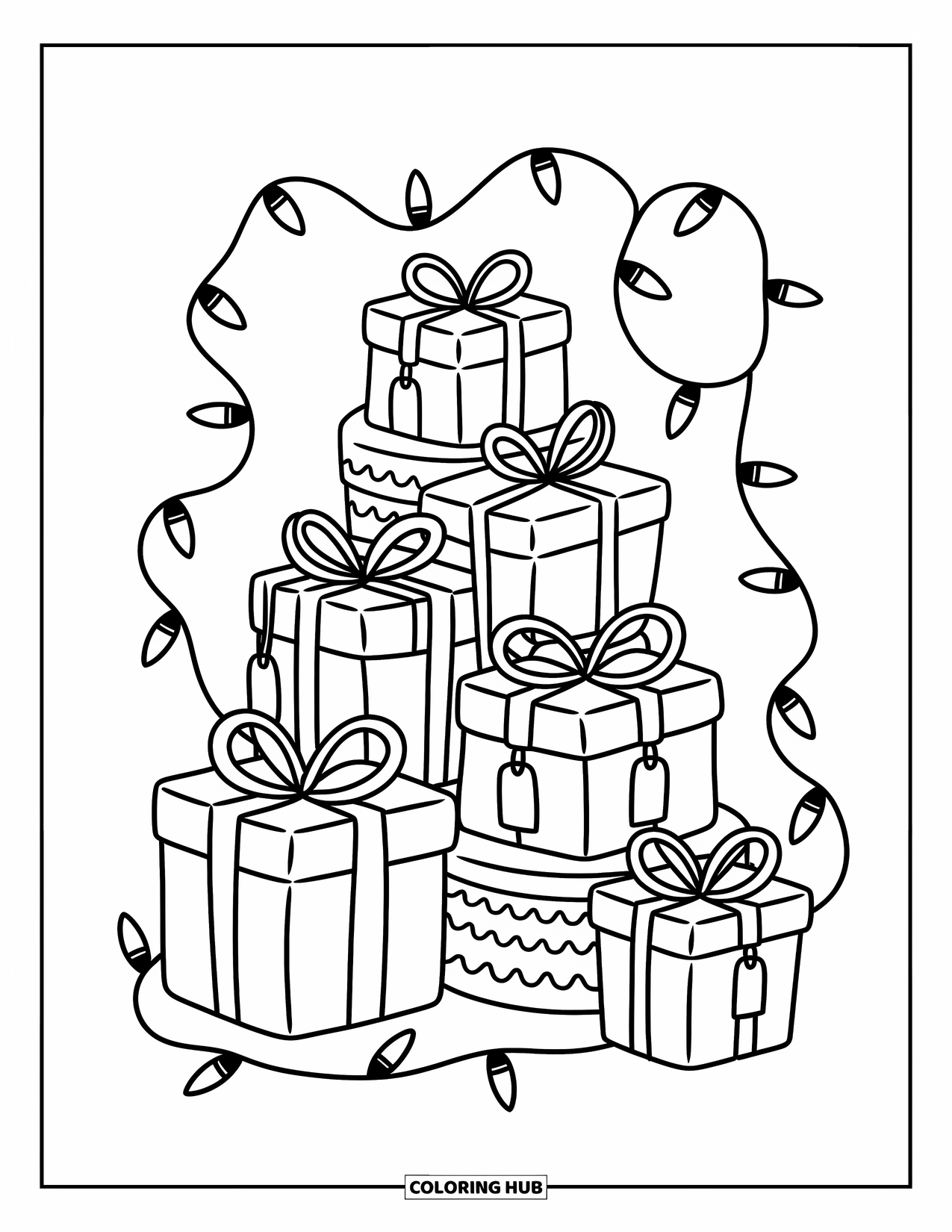 Christmas Lights Coloring Page for Adults: Charming gift boxes wrapped in lights create a festive, cozy scene