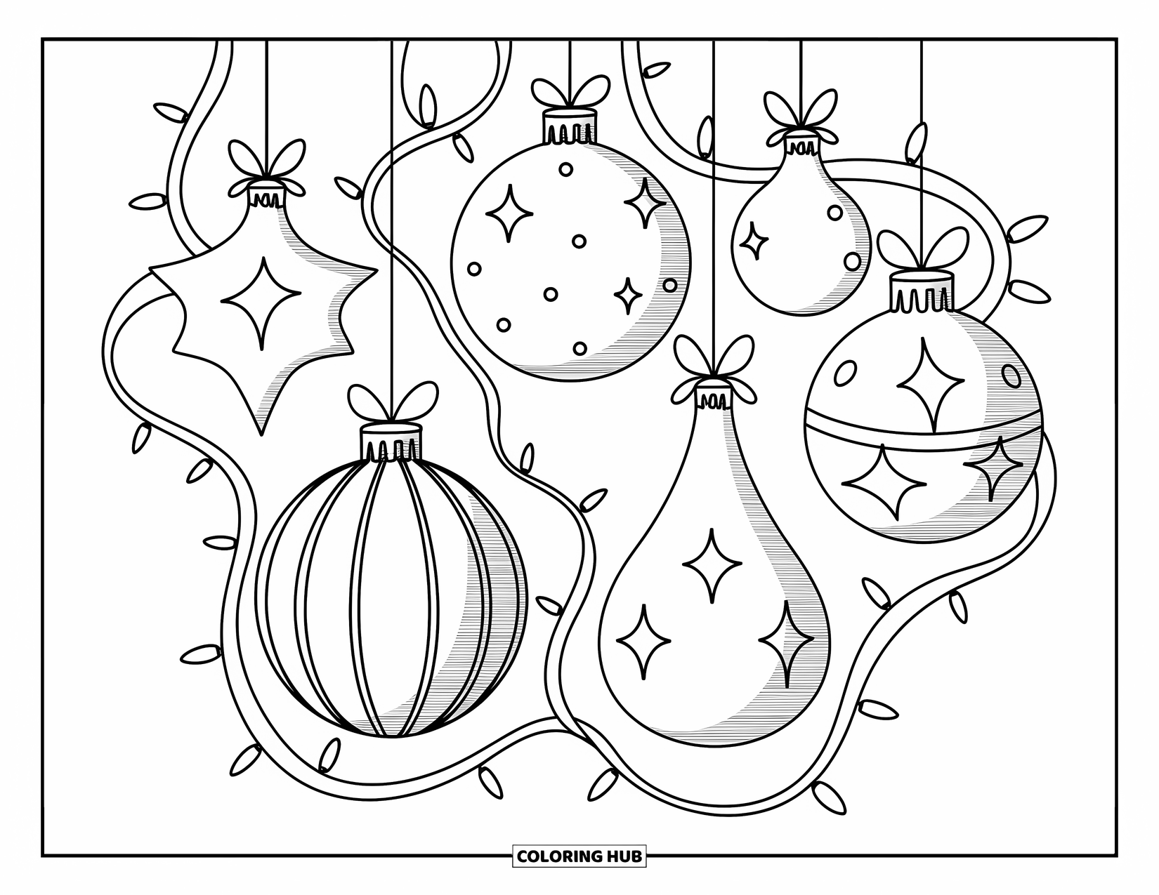 Christmas Lights Coloring Page for Adults: Floating ornaments shimmer in a playful mandala of lights and ribbons
