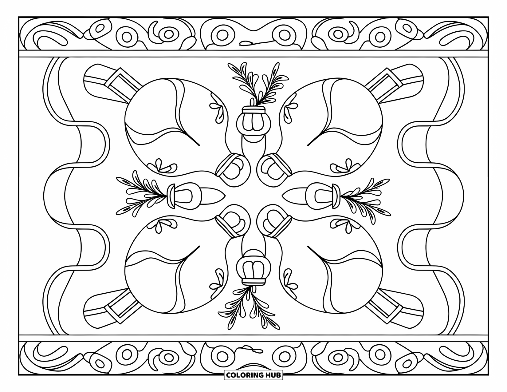 Christmas Lights Coloring Page for Adults: Light bulbs, ribbons, and mistletoe form a graceful holiday mandala