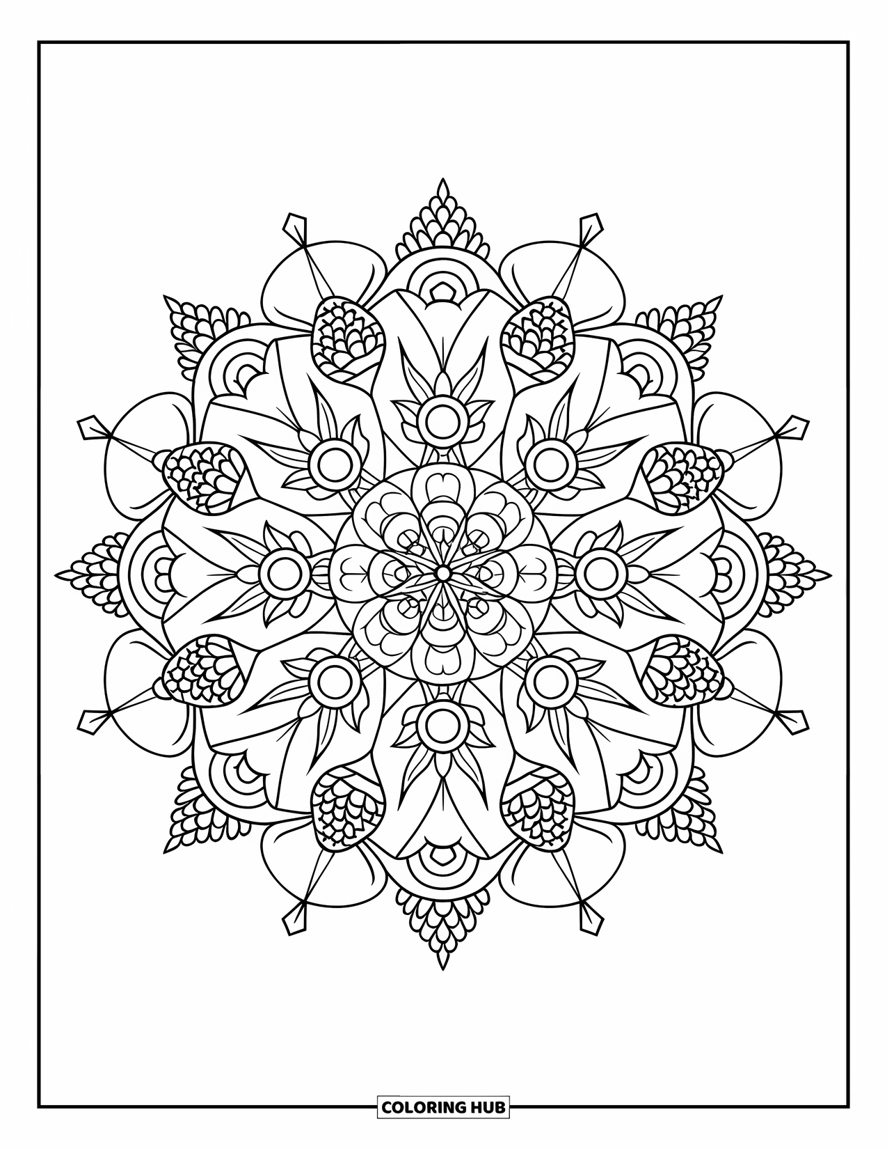 Christmas Lights Coloring Page for Adults: Pinecones and stars spiral outward in a glowing festive mandala