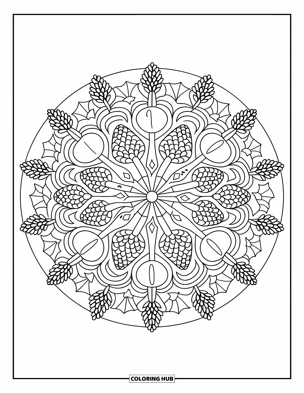 Christmas Lights Coloring Page for Adults: Pinecones, stars, and bulbs radiate from the center of a detailed mandala