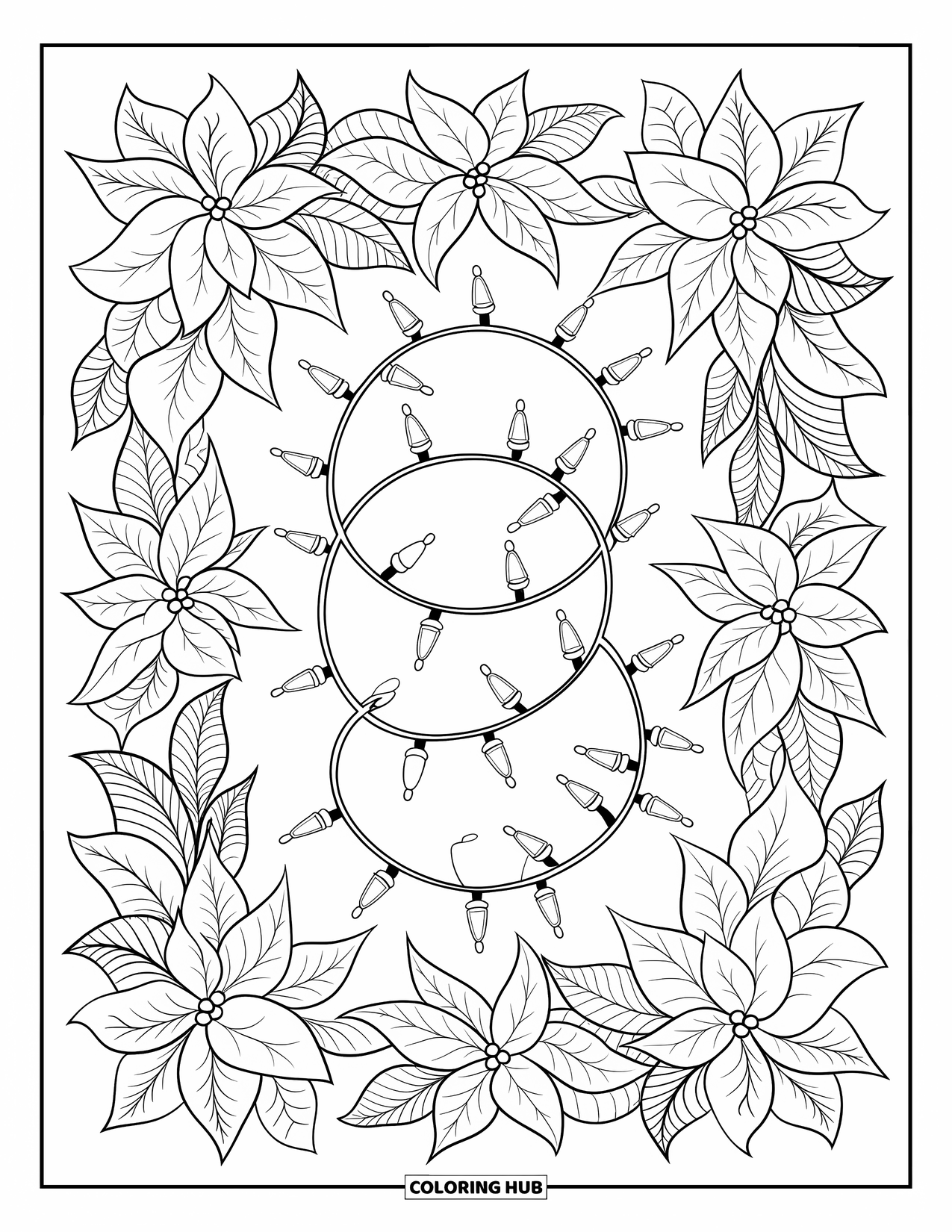 Christmas Lights Coloring Page for Adults: Poinsettia petals and glowing lights form an elegant circular pattern