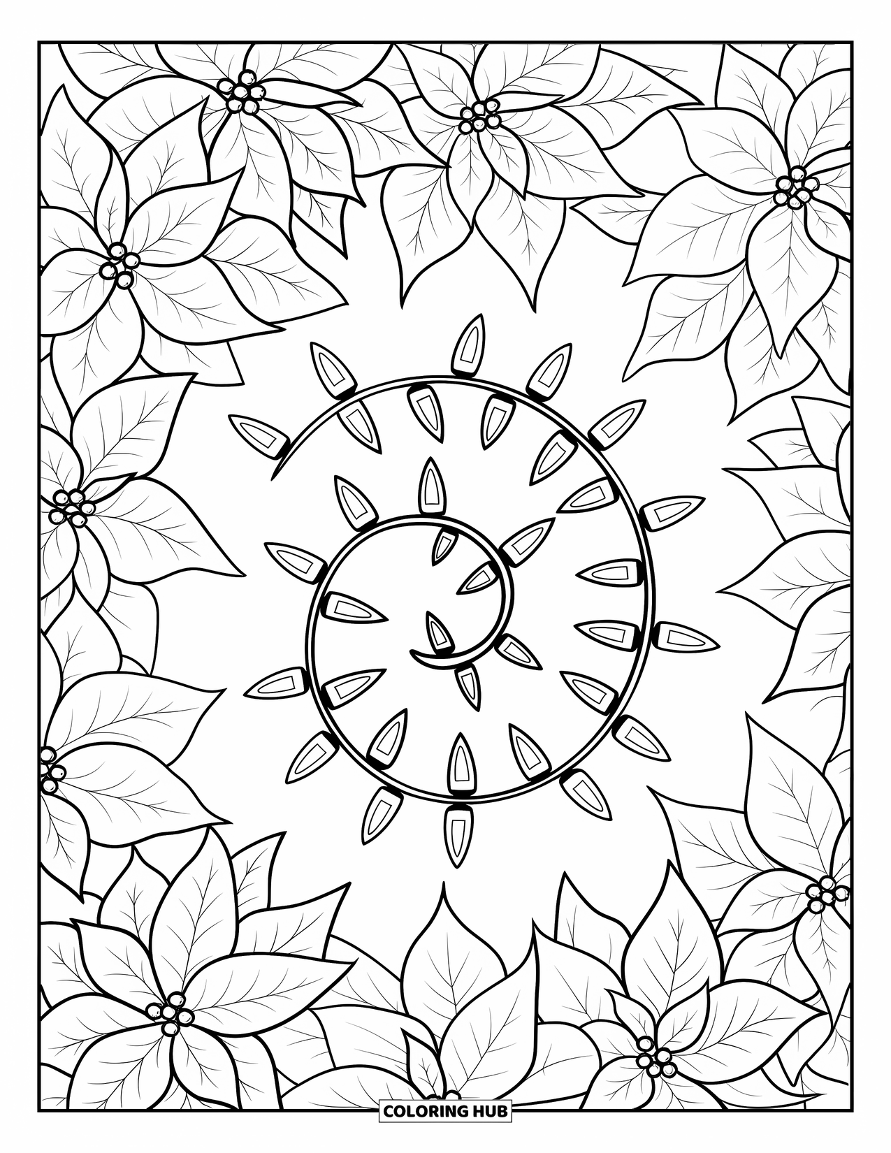 Christmas Lights Coloring Page for Adults: Poinsettia petals surround a spiral of glowing lights in a bold design