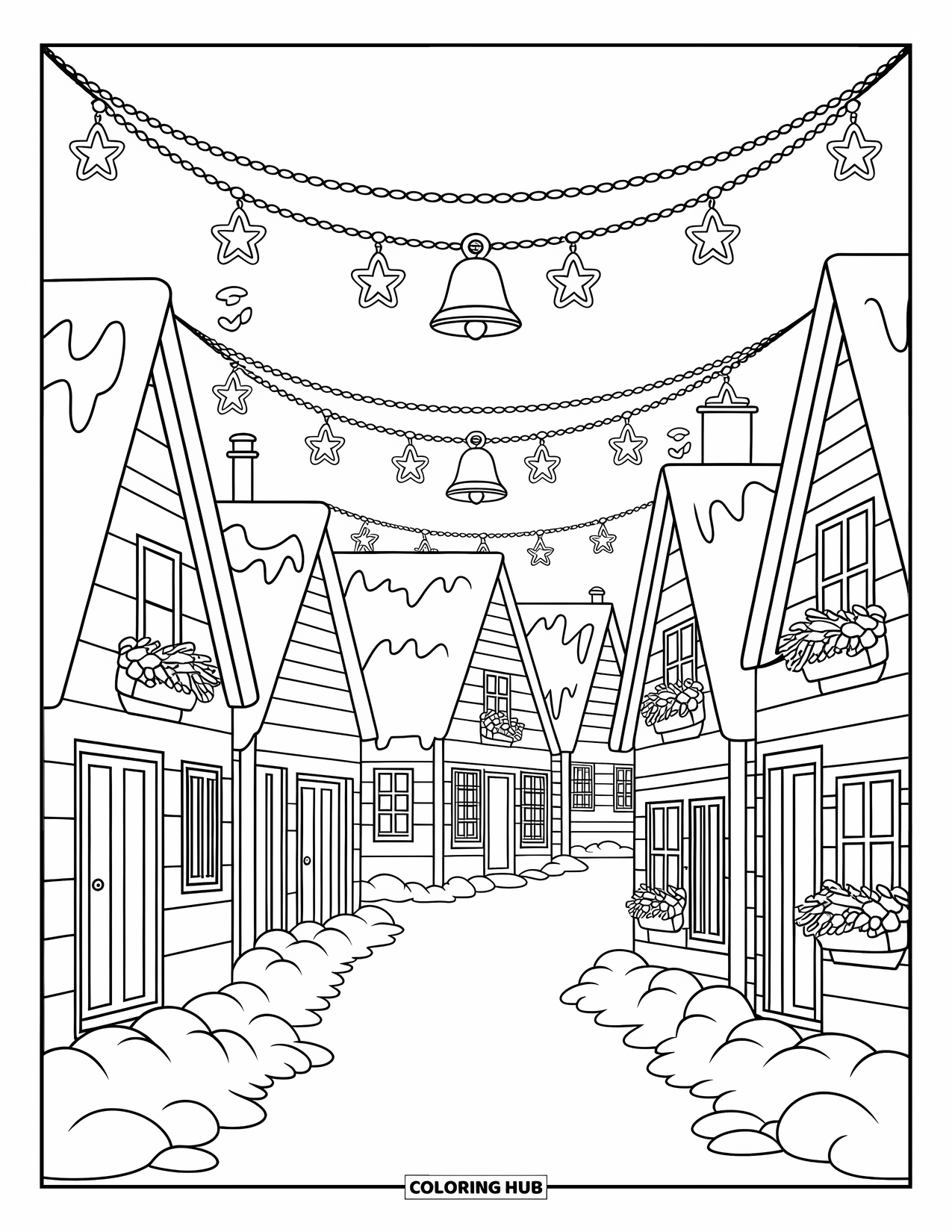 Christmas Lights Coloring Page for Adults: Snowy rooftops and lampposts glow under a sky of cheerful lights
