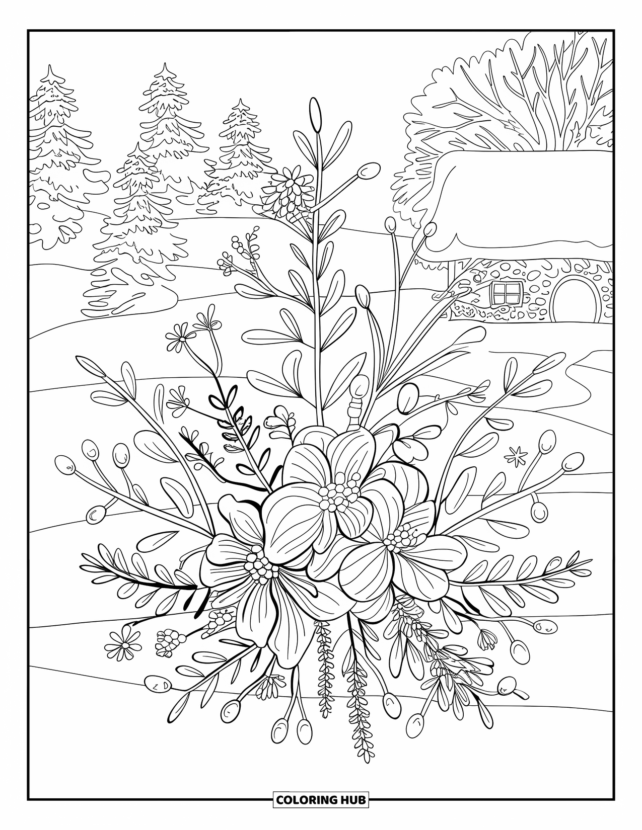 Christmas Lights Coloring Page for Adults: Winter florals and lights form a bright bouquet beside a snowy cottage