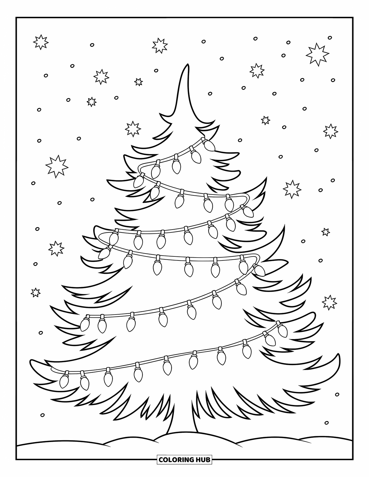 Christmas Lights Coloring Page for Kids: A bare winter tree sparkles with Christmas lights under a starry sky