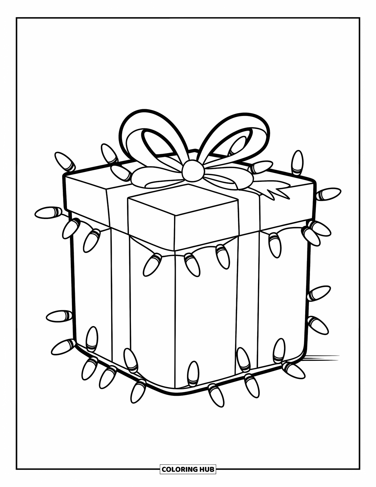 Christmas Lights Coloring Page for Kids: A big gift box wrapped in lights rests on the snowy ground