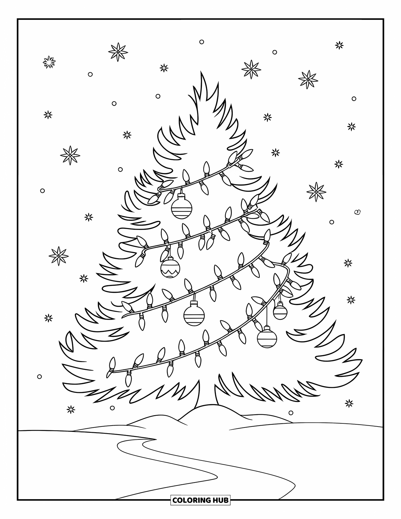 Christmas Lights Coloring Page for Kids: A bright tree with ornaments and lights stands alone in the snow