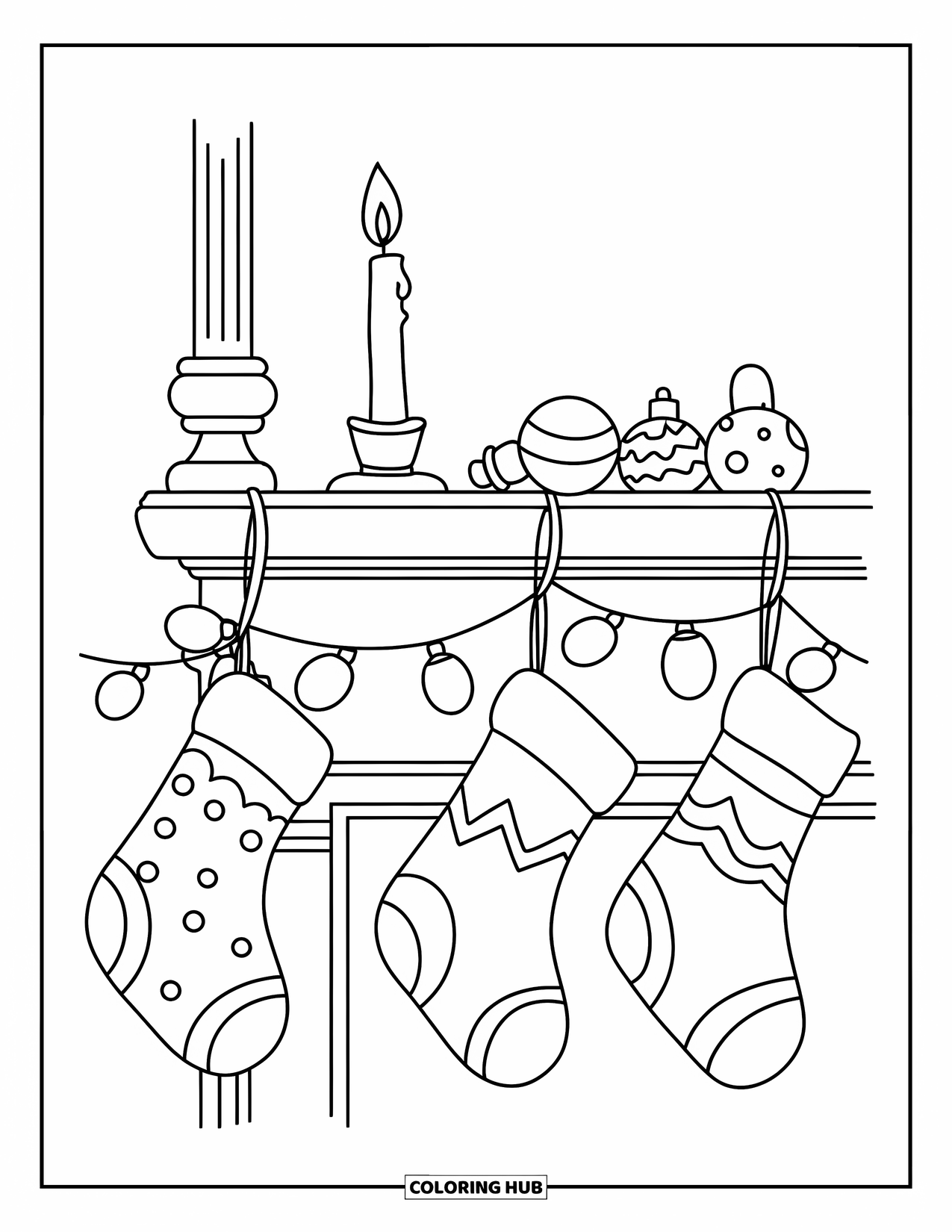 Christmas Lights Coloring Page for Kids: A candle and stockings rest on a mantle lined with glowing lights