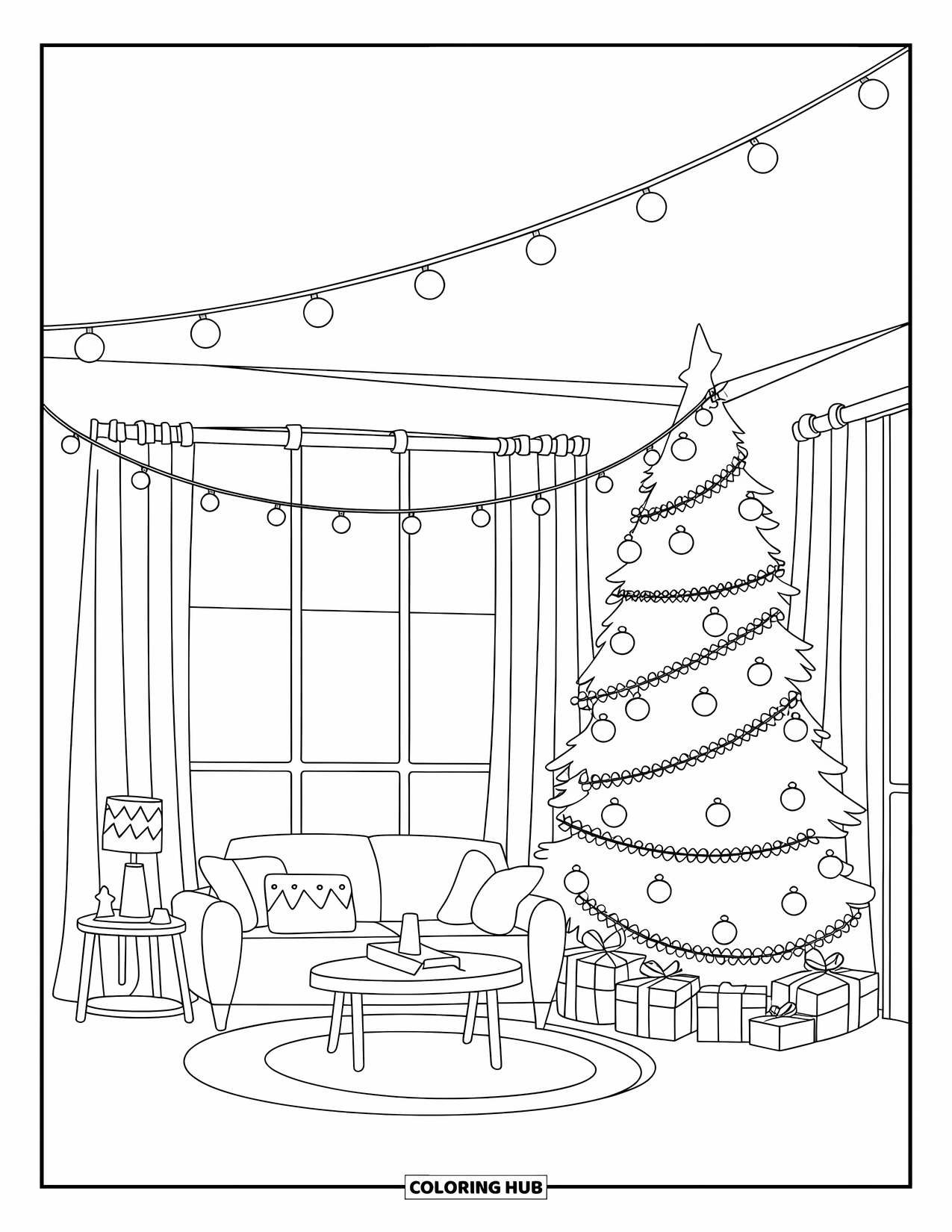 Christmas Lights Coloring Page for Kids: A cheerful home with string lights, a sofa, and a tall festive tree