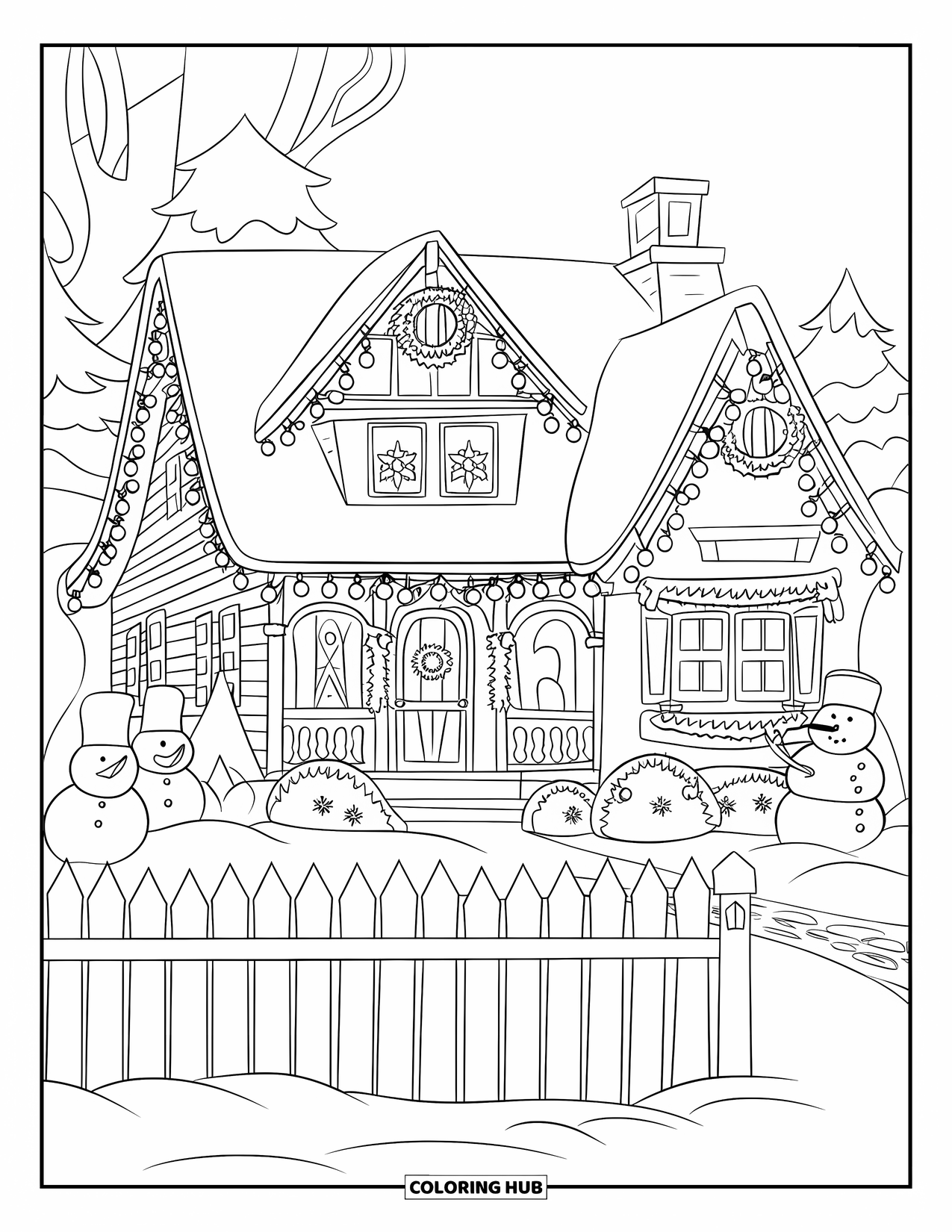 Christmas Lights Coloring Page for Kids: A cheerful house sparkles with lights, snowmen, and a red roof