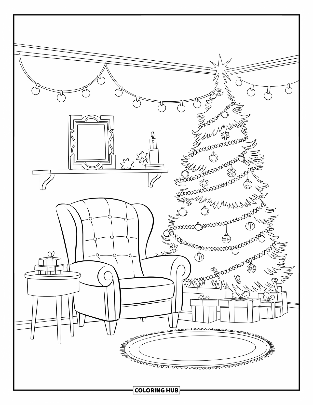 Christmas Lights Coloring Page for Kids: A cozy corner with a Christmas tree, soft lights, and comfy furniture