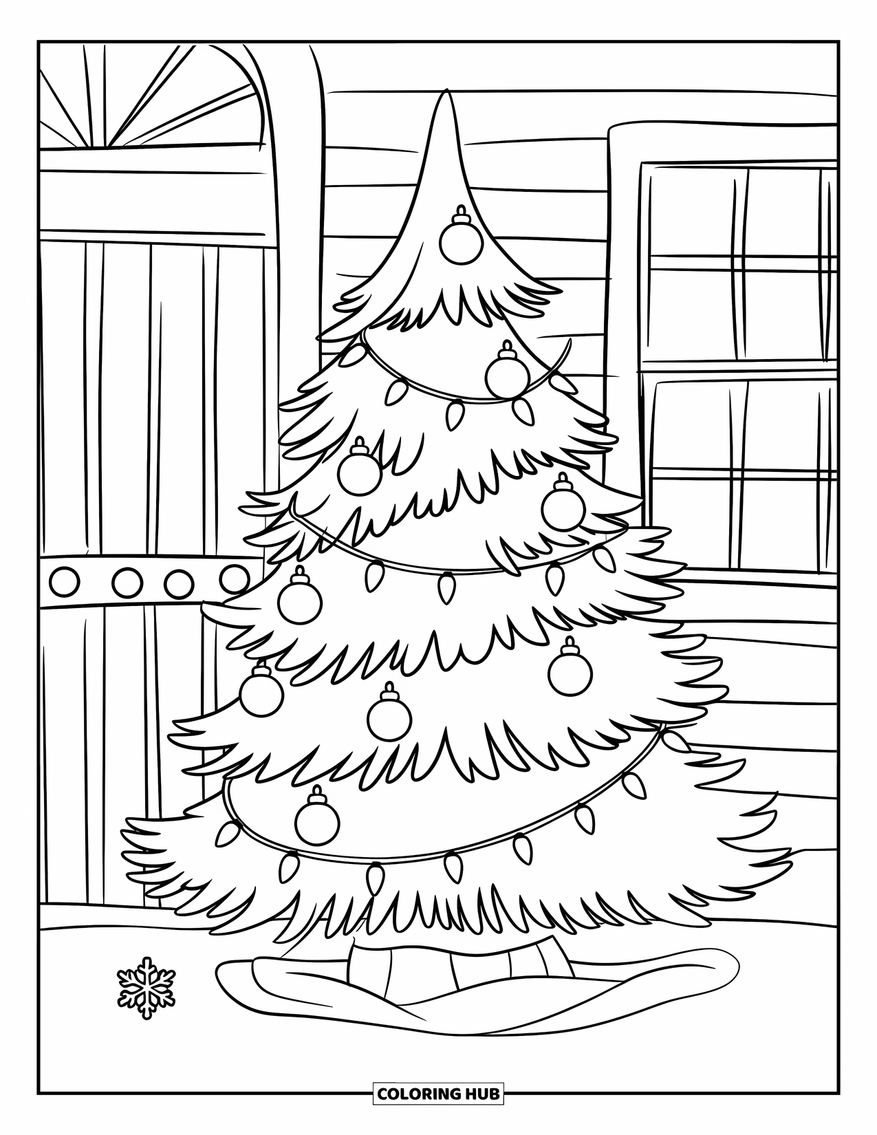 Christmas Lights Coloring Page for Kids: A cozy room holds a glowing tree with presents beneath