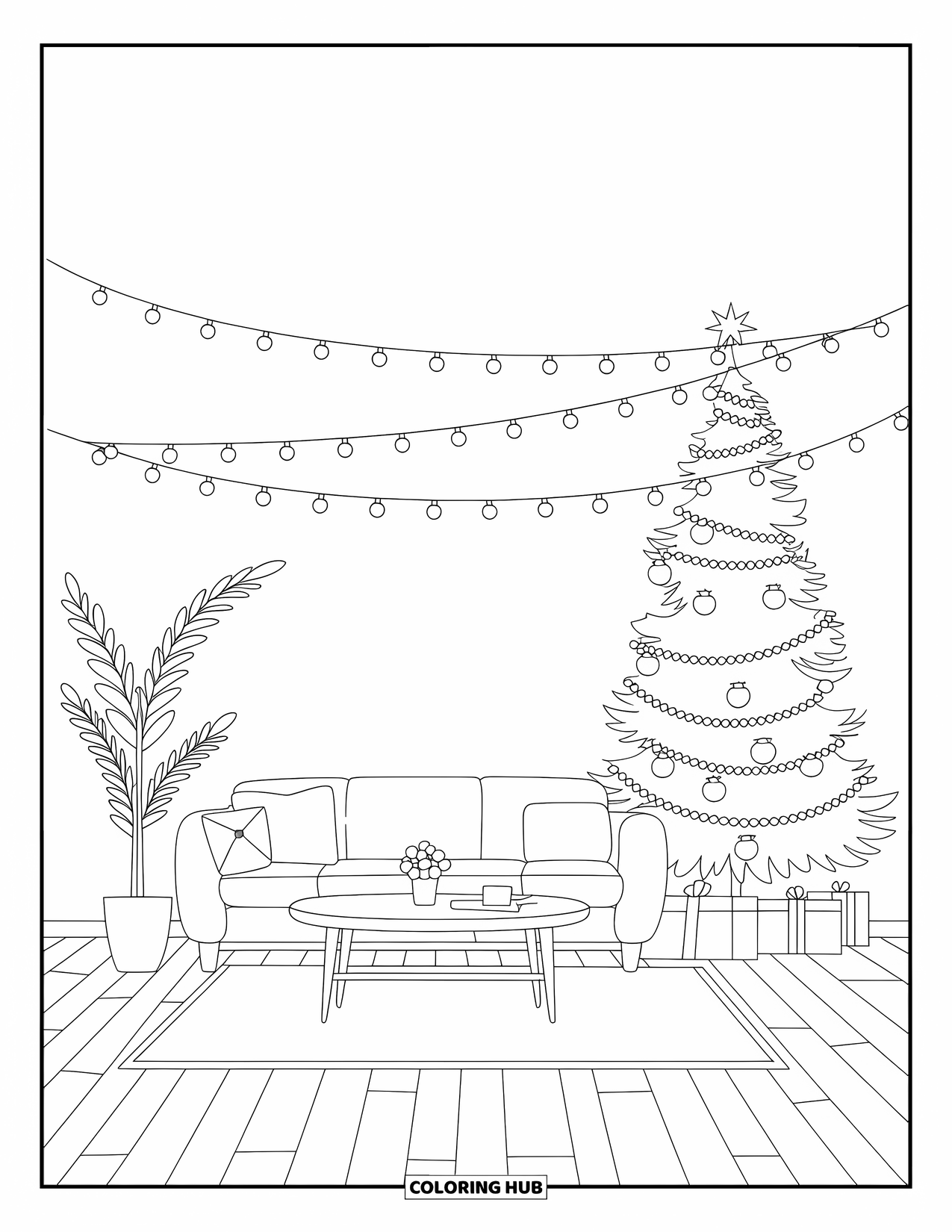 Christmas Lights Coloring Page for Kids: A cozy room with a tall Christmas tree and twinkling string lights