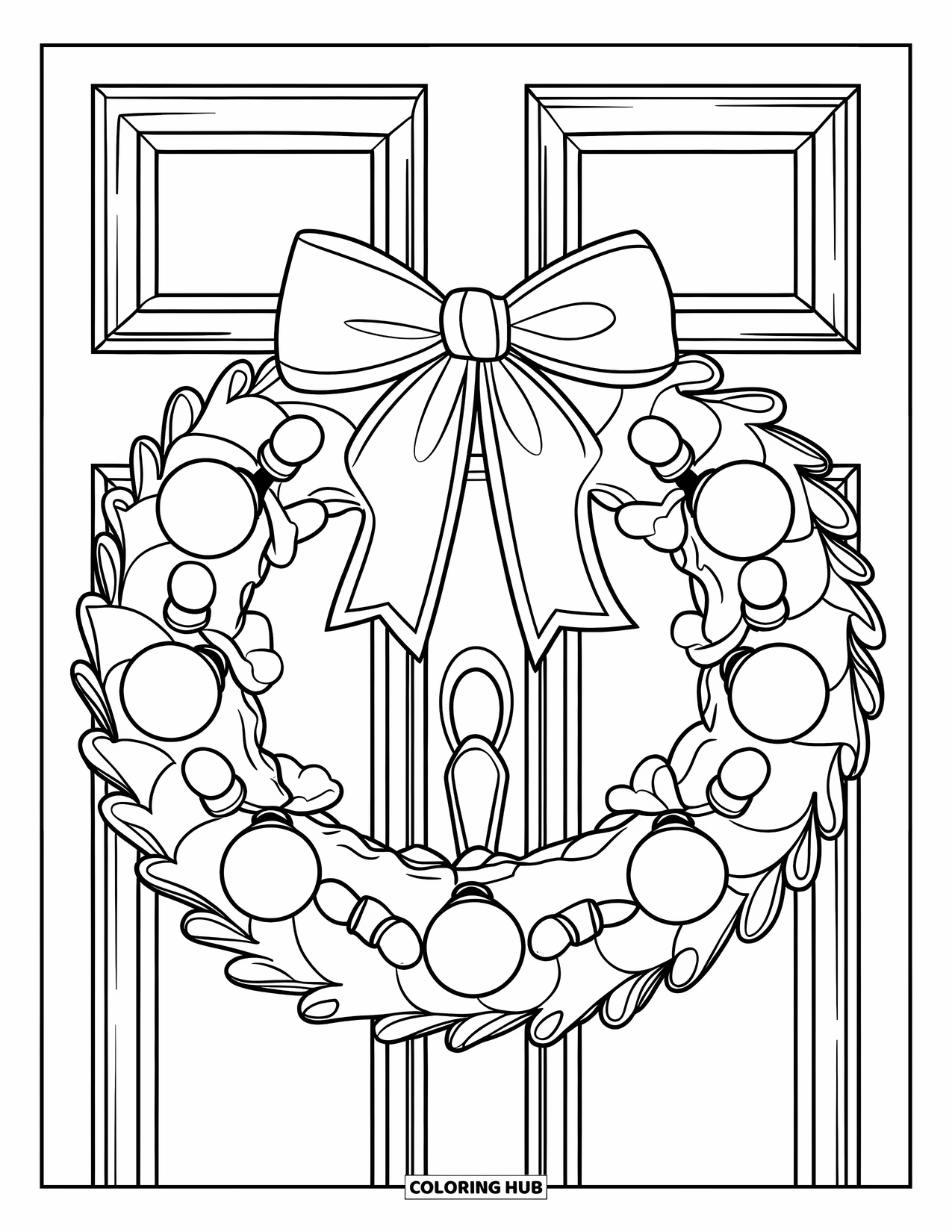 Christmas Lights Coloring Page for Kids: A festive wreath of lights and ribbon shines on a doorway