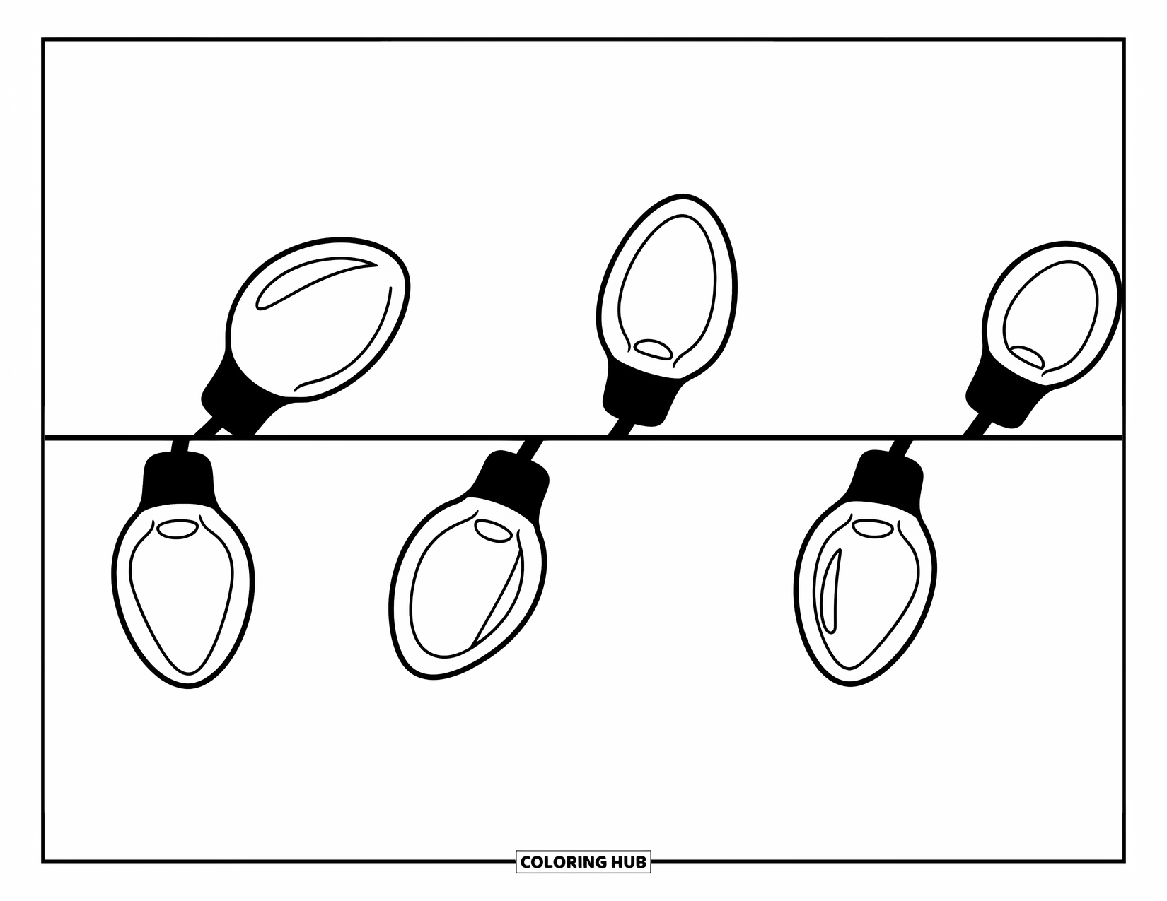 Christmas Lights Coloring Page for Kids: A fun, simple string of wide bulbs glows against a white background