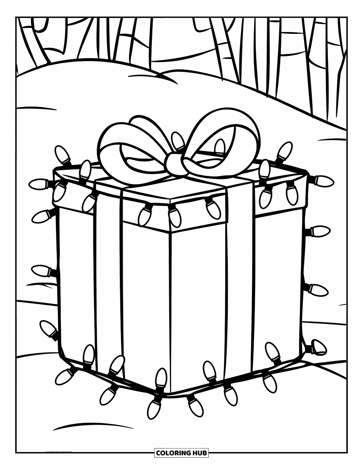 Christmas Lights Coloring Page for Kids: A present with lights and bow sits on snow beside tall trees