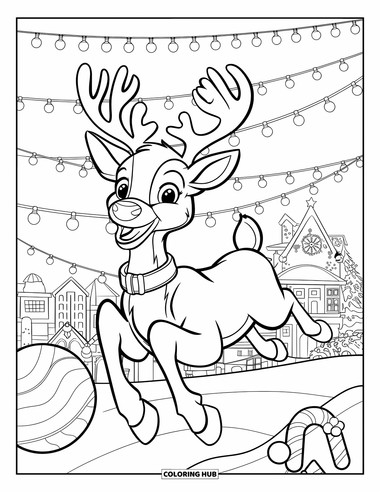 Christmas Lights Coloring Page for Kids: A red-nosed reindeer soars above a festive city filled with lights