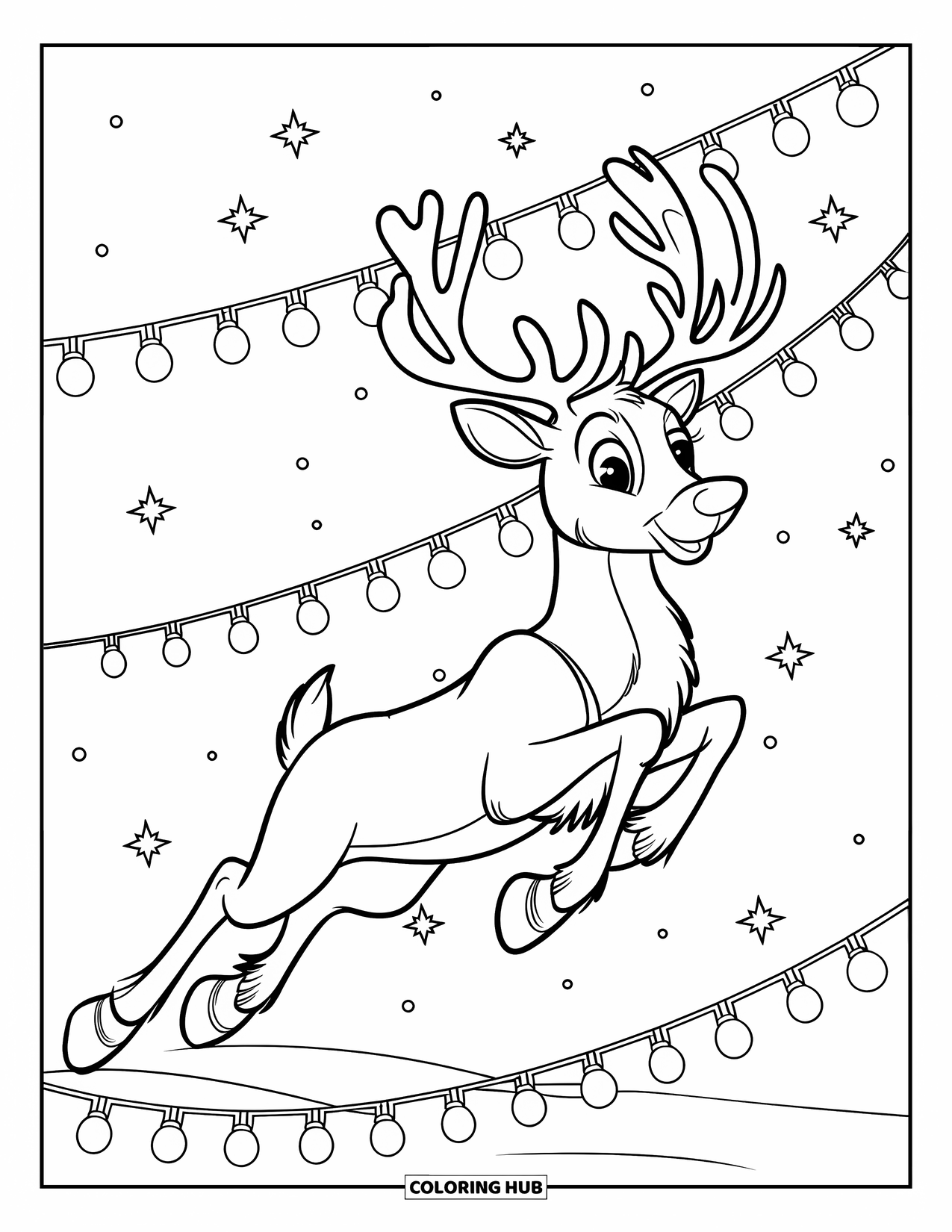 Christmas Lights Coloring Page for Kids: A reindeer flies under strings of glowing lights across the night sky
