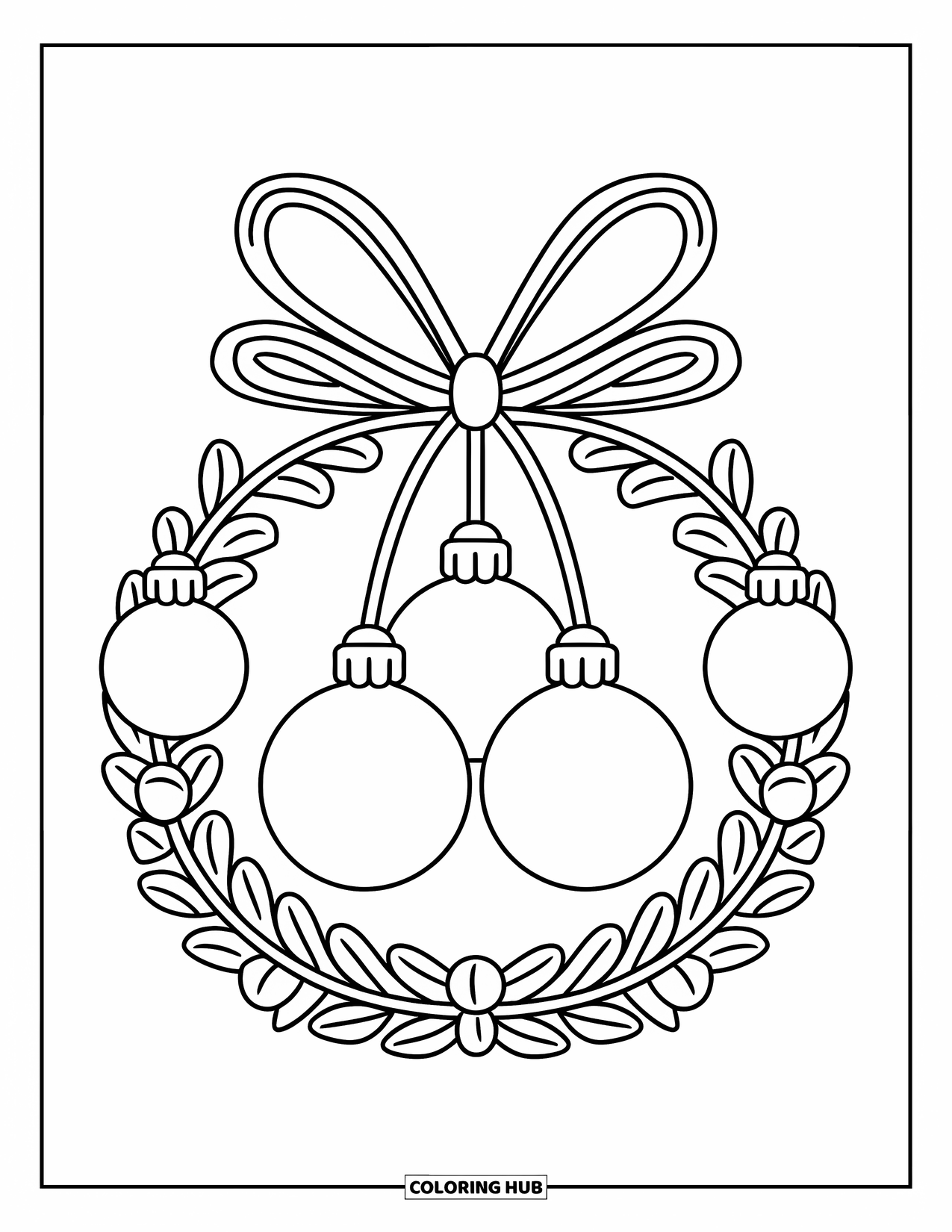 Christmas Lights Coloring Page for Kids: A ribbon-wrapped wreath with glowing bulbs hangs in the air