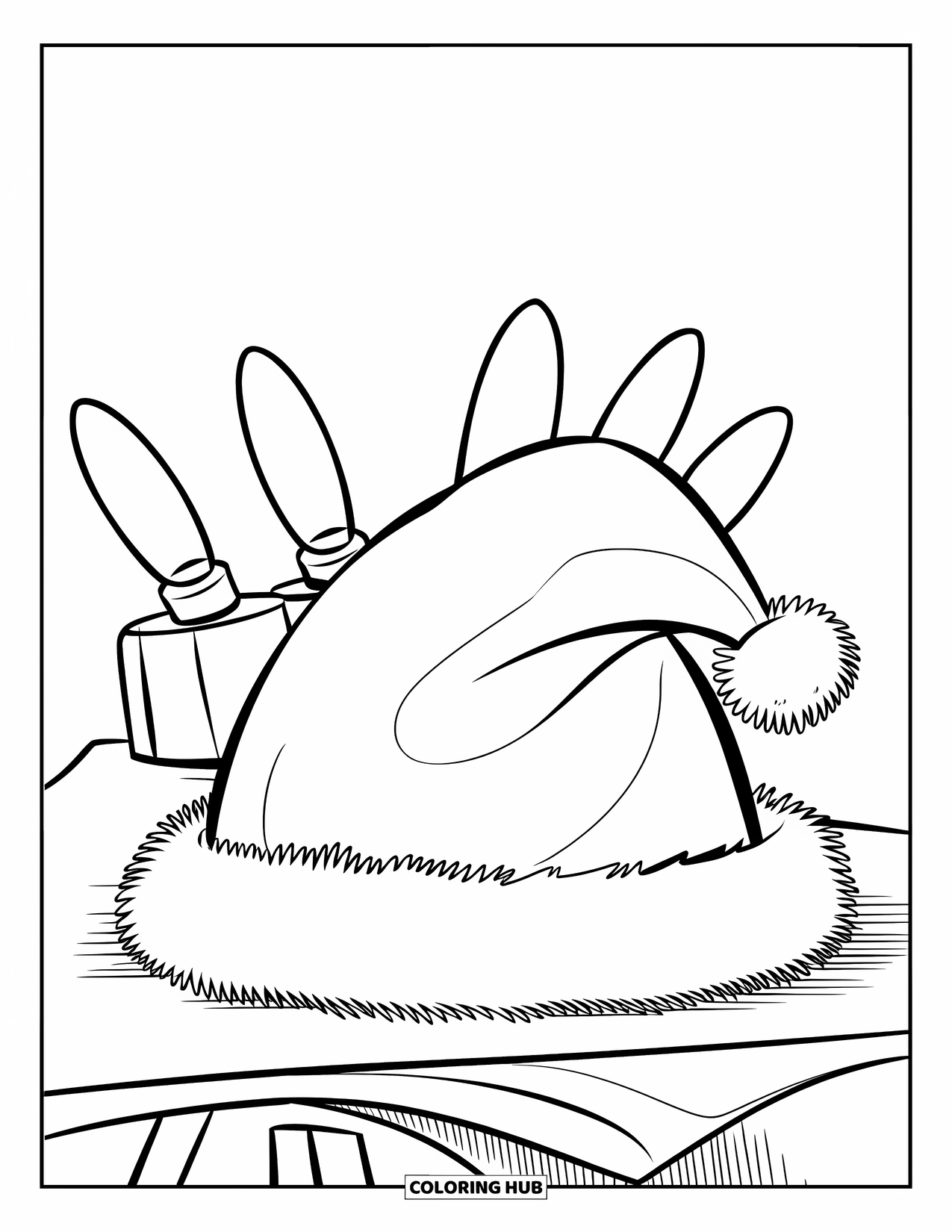 Christmas Lights Coloring Page for Kids: A Santa hat rests on a table with twinkling lights behind it