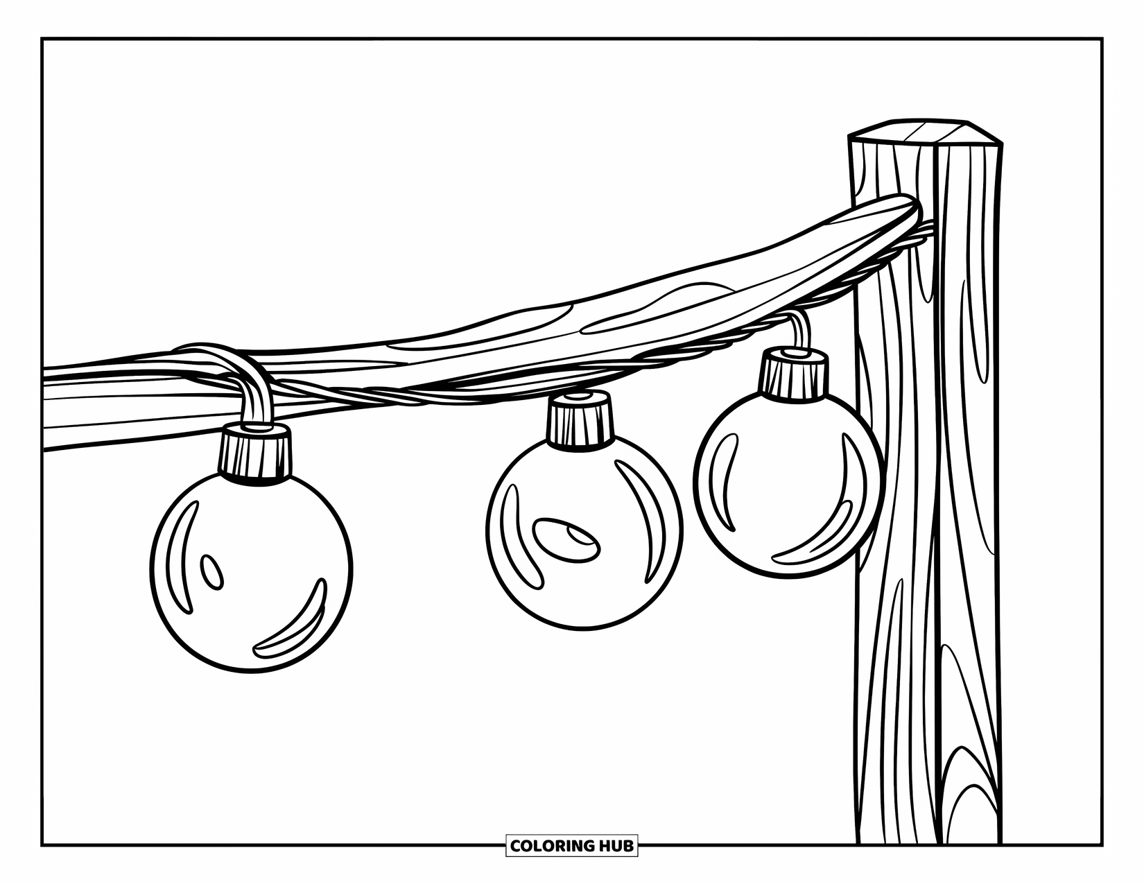 Christmas Lights Coloring Page for Kids: A single strand of large Christmas lights hangs on a wooden post
