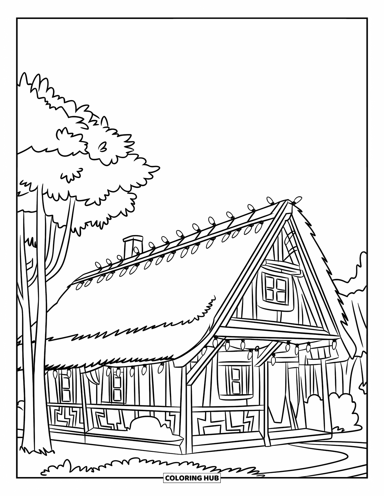 Christmas Lights Coloring Page for Kids: A small house with roof lights glows warmly under a clear sky