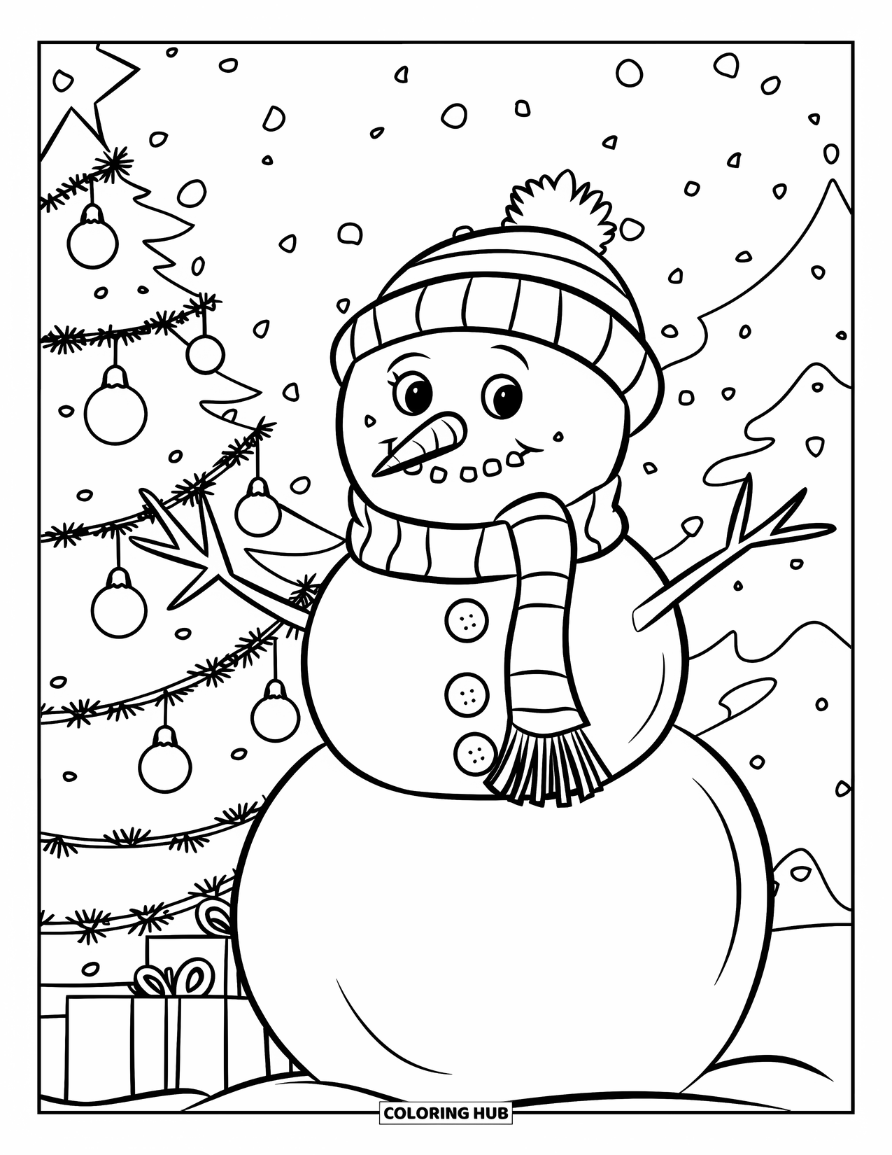 Christmas Lights Coloring Page for Kids: A snowman smiles beside a glowing Christmas tree under snowy skies