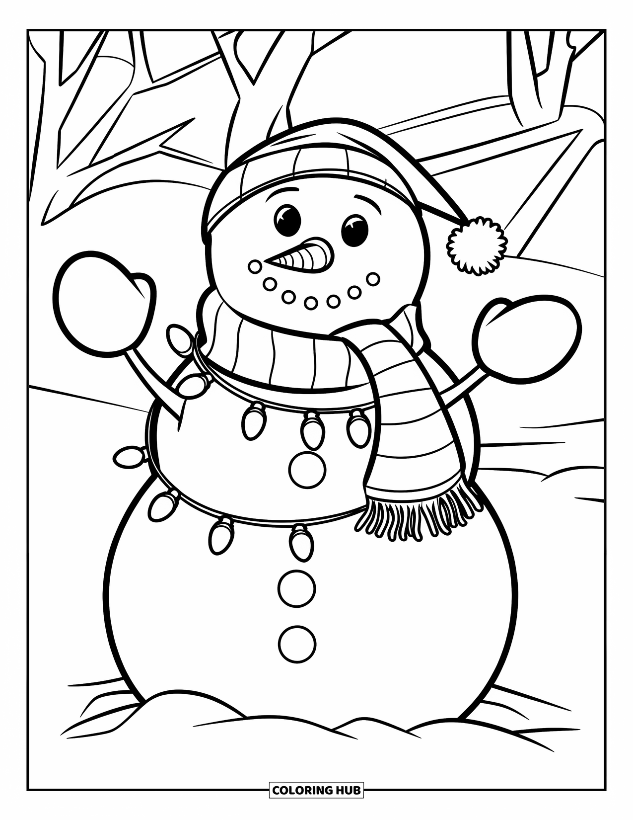 Christmas Lights Coloring Page for Kids: A snowman wrapped in lights stands happily under snowy trees