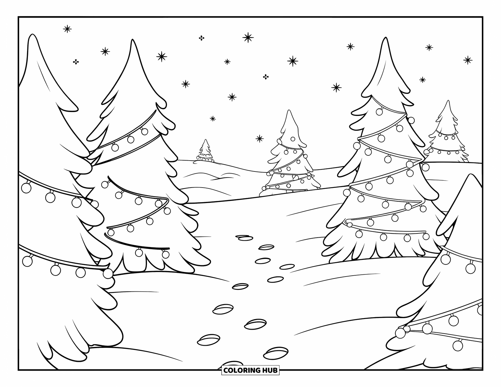 Christmas Lights Coloring Page for Kids: A snowy forest of pine trees glows softly with string lights and footprints below