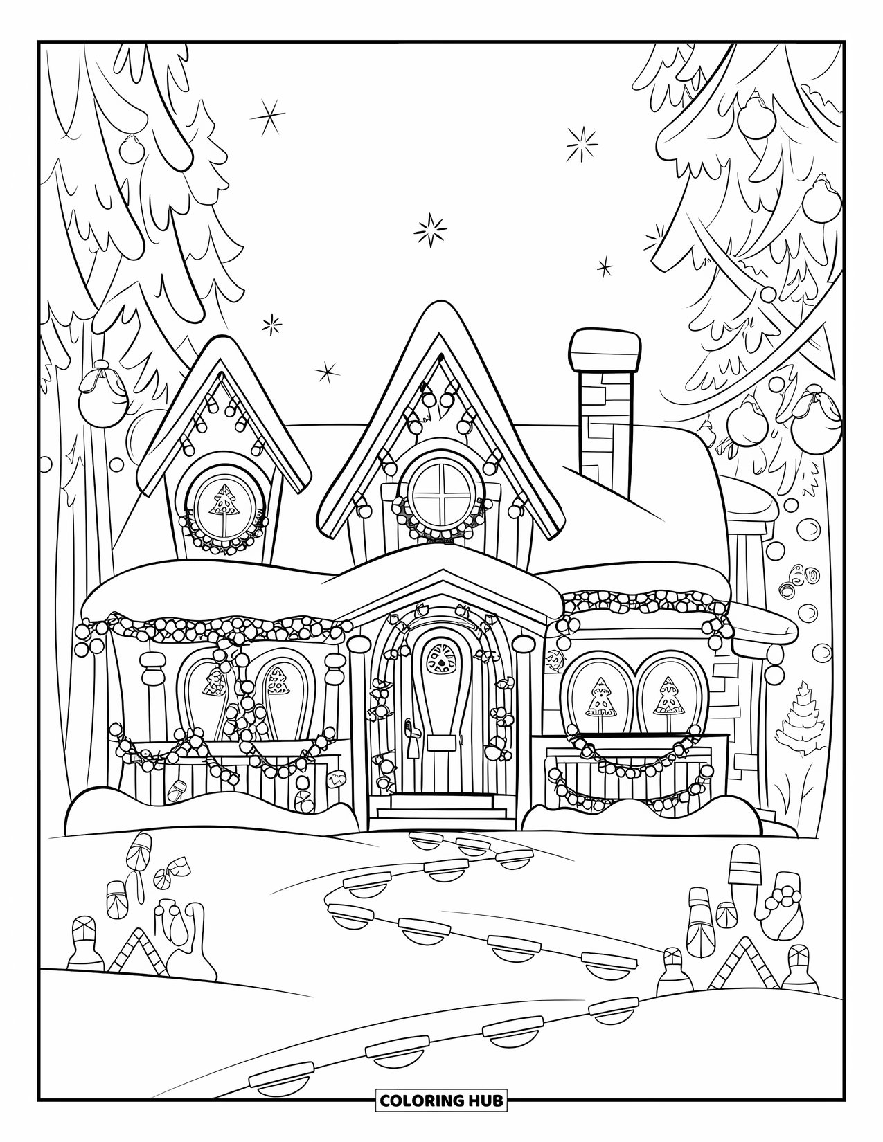 Christmas Lights Coloring Page for Kids: A snowy home shines with lights and footprints leading to the door