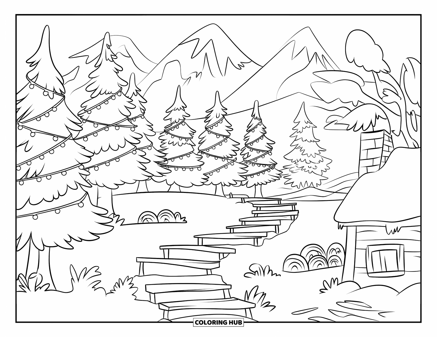 Christmas Lights Coloring Page for Kids: A snowy path winds through glowing pine trees toward a mountain cottage