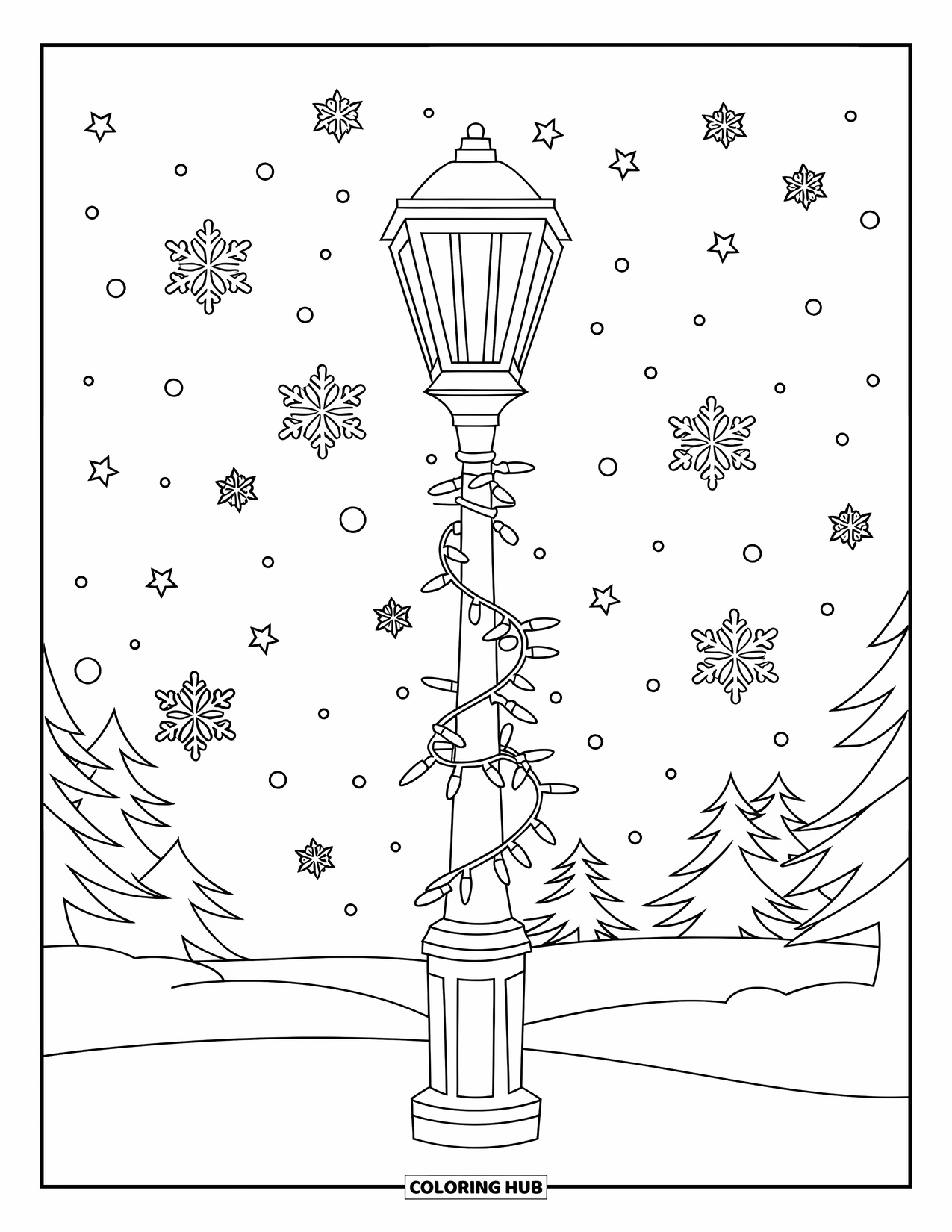 Christmas Lights Coloring Page for Kids: A tall lamppost wrapped in lights glows amid falling snow