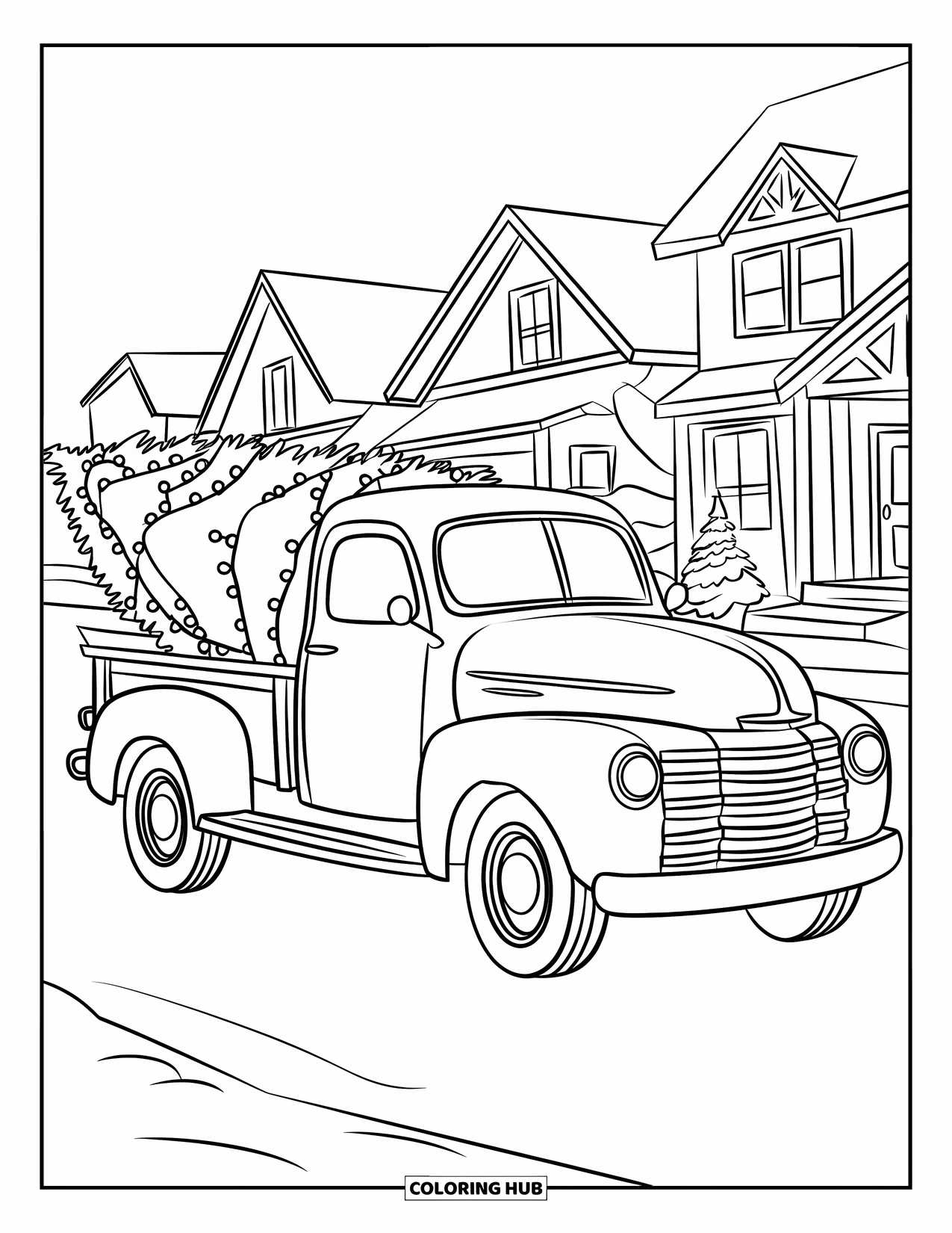 Christmas Lights Coloring Page for Kids: A truck with a lit tree drives down a snowy street of cozy homes