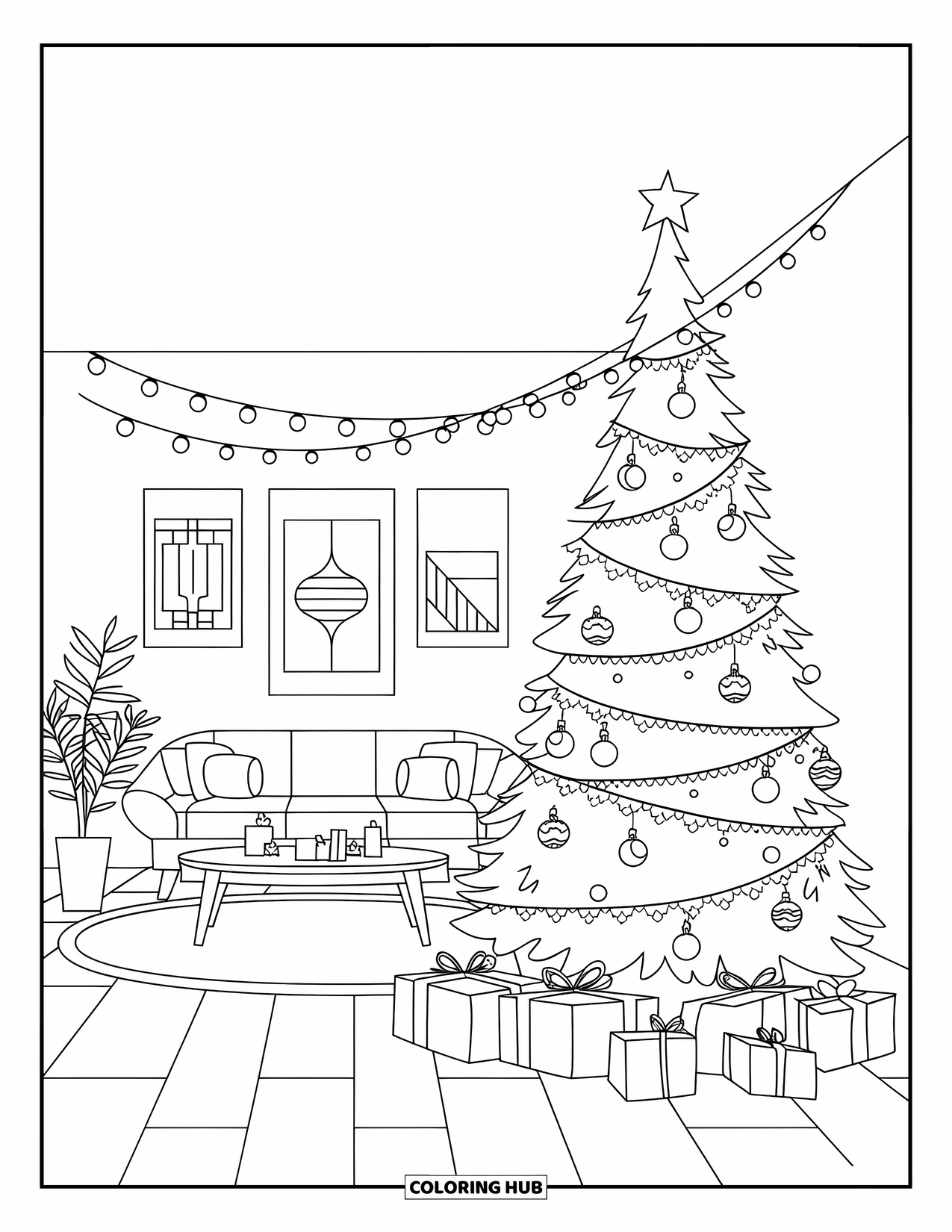 Christmas Lights Coloring Page for Kids: A warm living room with a sofa, gifts, and a glowing Christmas tree