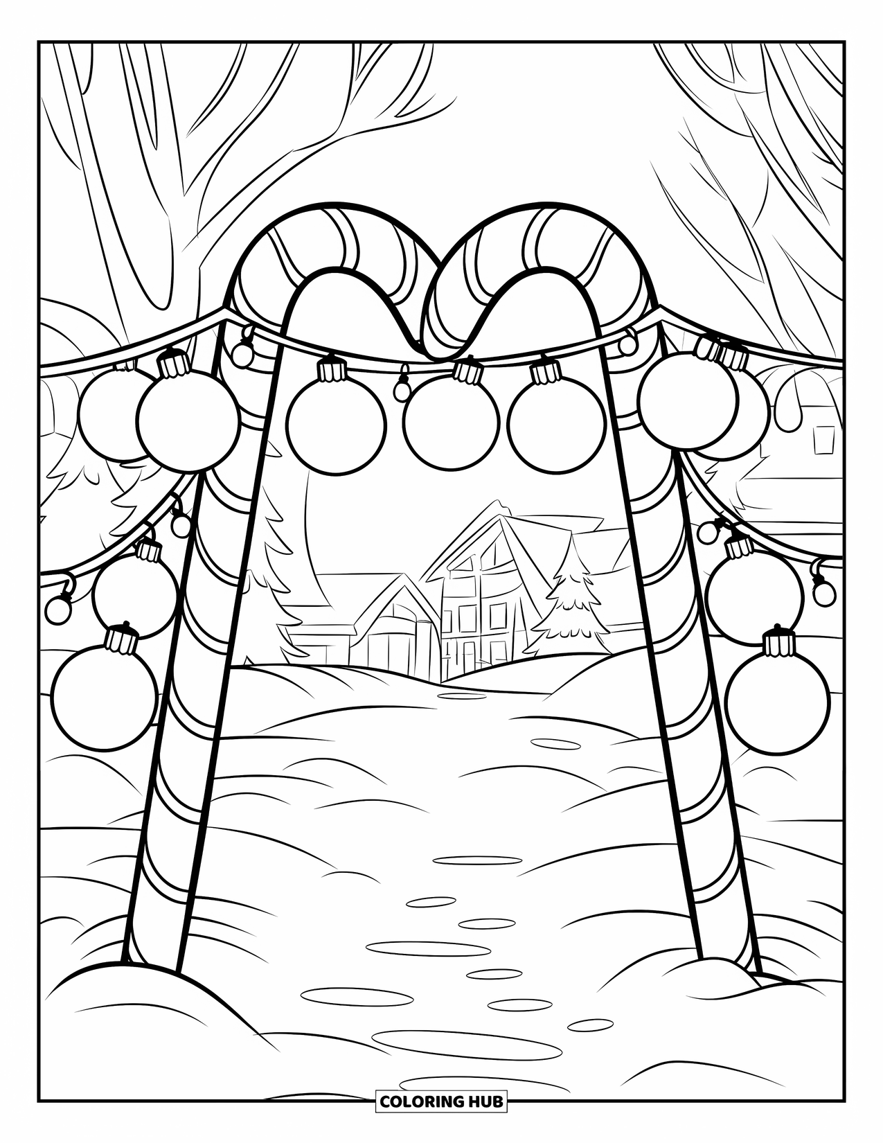 Christmas Lights Coloring Page for Kids: Candy canes and lights form a bright path through a snowy field