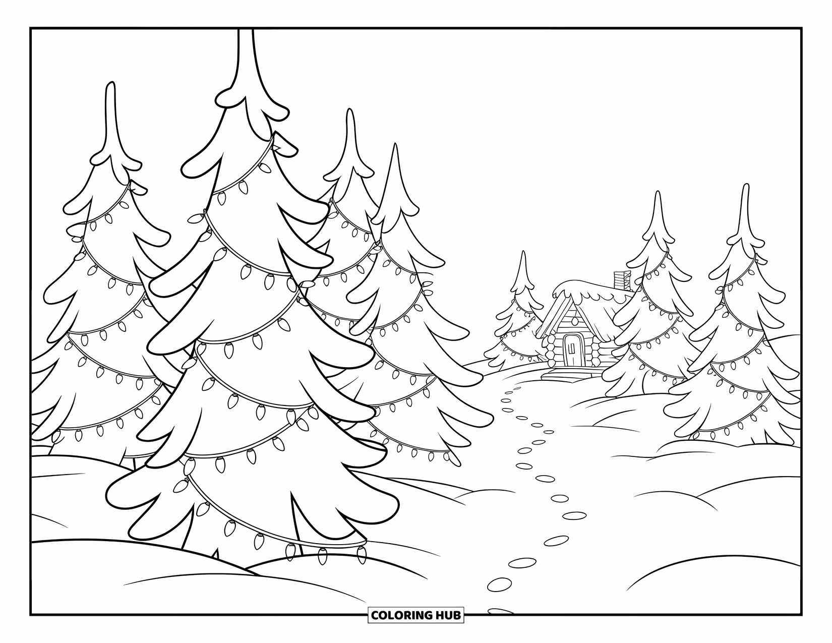 Christmas Lights Coloring Page for Kids: Snowy trees wrapped in lights lead to a cozy cabin deep in the forest