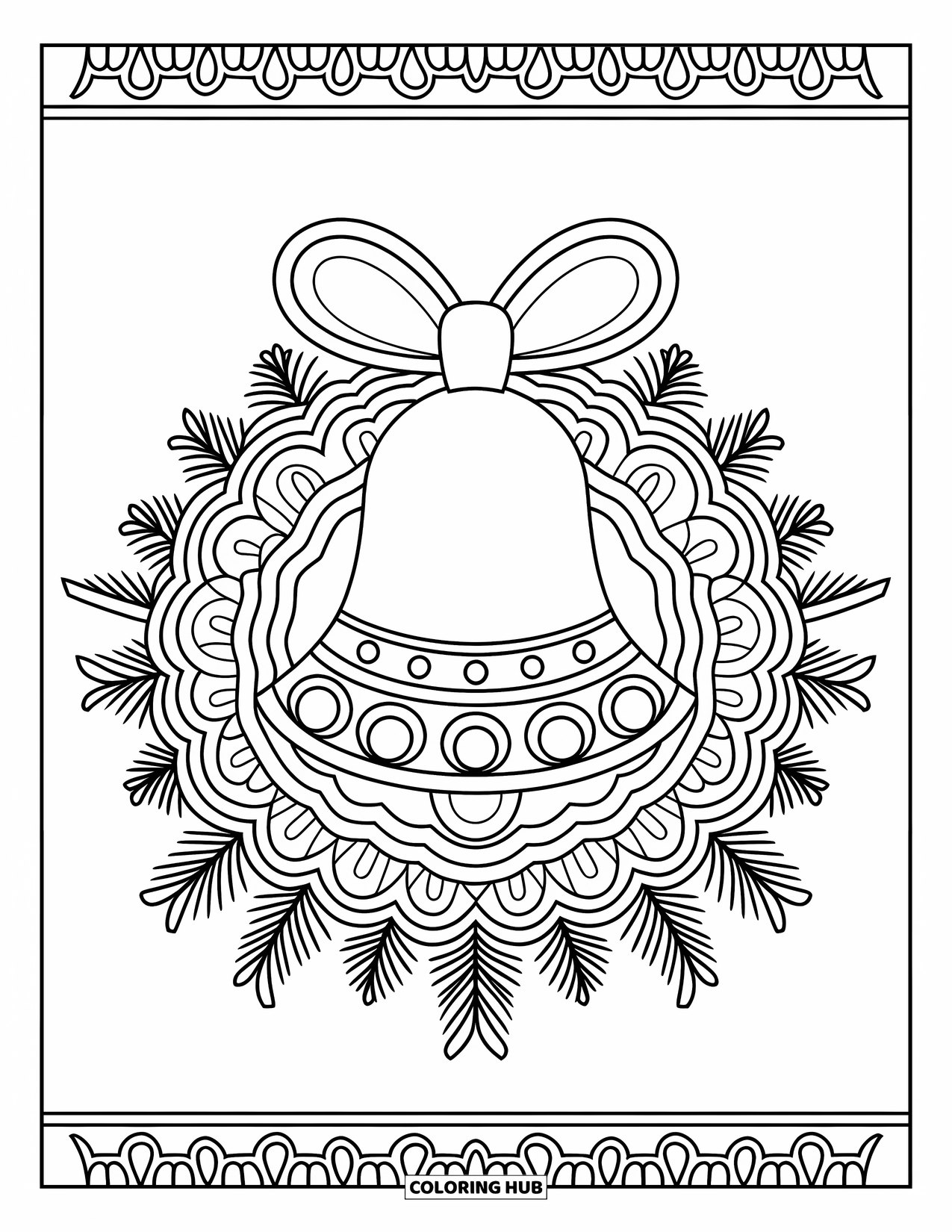 Christmas Mandala Coloring Page for Adults: A bell surrounded by layered garlands and pine needles in a mandala