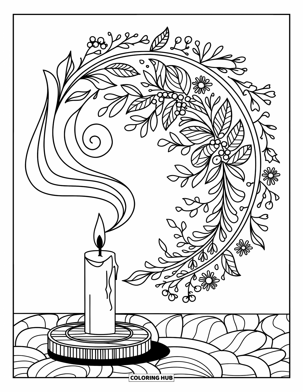 Christmas Mandala Coloring Page for Adults: A candle's smoke forms a botanical mandala of flowers and vines