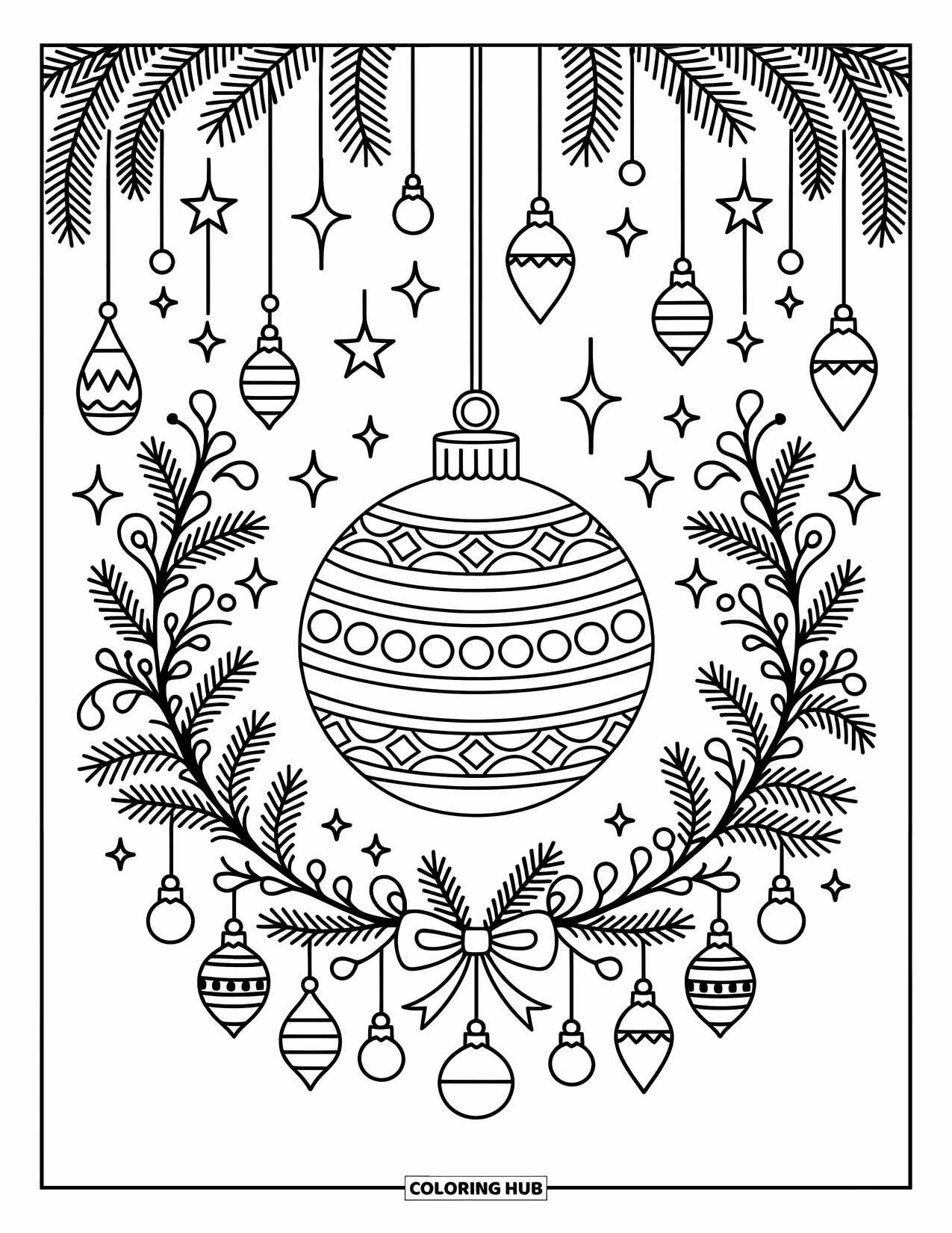 Christmas Mandala Coloring Page for Adults: A central ornament surrounded by bells, stars, and sprigs of pine