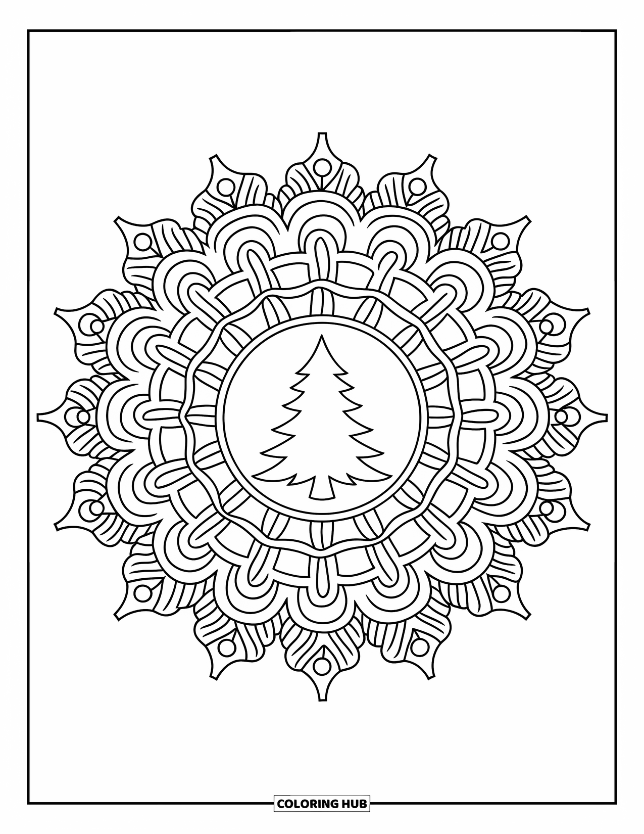 Christmas Mandala Coloring Page for Adults: A Christmas tree silhouette surrounded by ribbons and ornaments