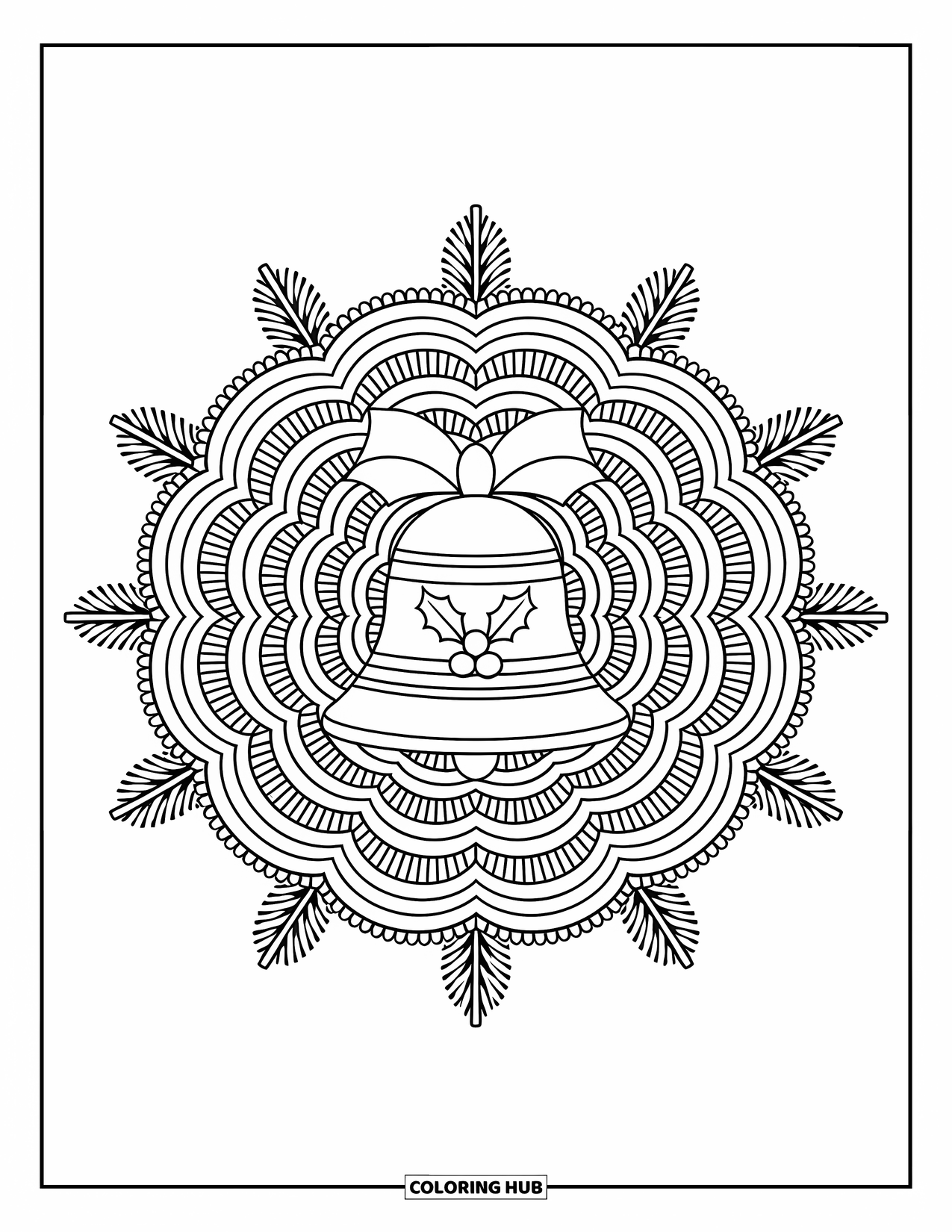 Christmas Mandala Coloring Page for Adults: A holly-decorated bell surrounded by pine and garland rings
