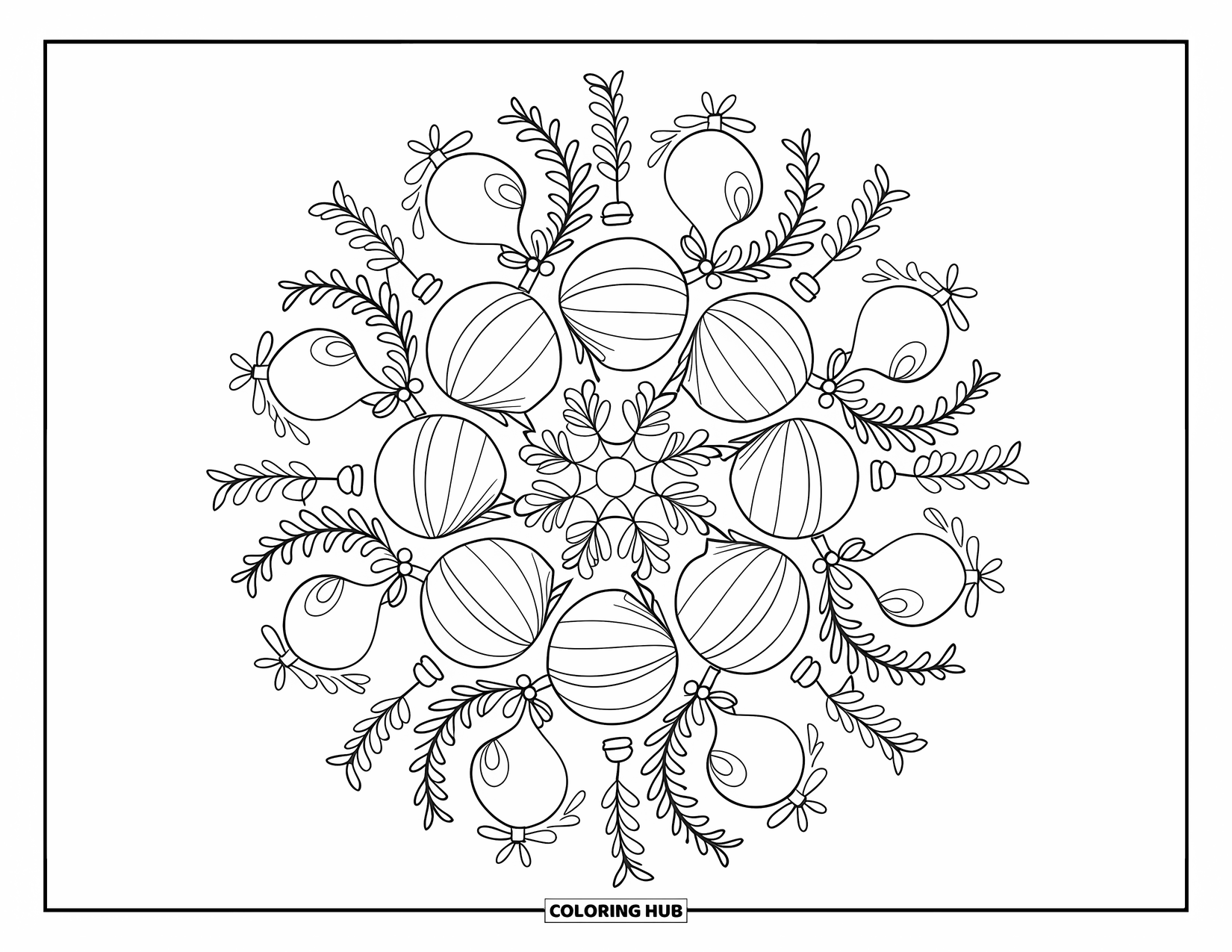 Christmas Mandala Coloring Page for Adults: A mandala made of ornaments, bows, and delicate floral branches